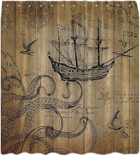 Cortina de ducha de tentáculo de pulpo, vintage, náutico, océano, kraken, retro, velero, antiguo, barco pirata, marino, mapa antiguo, navegación,