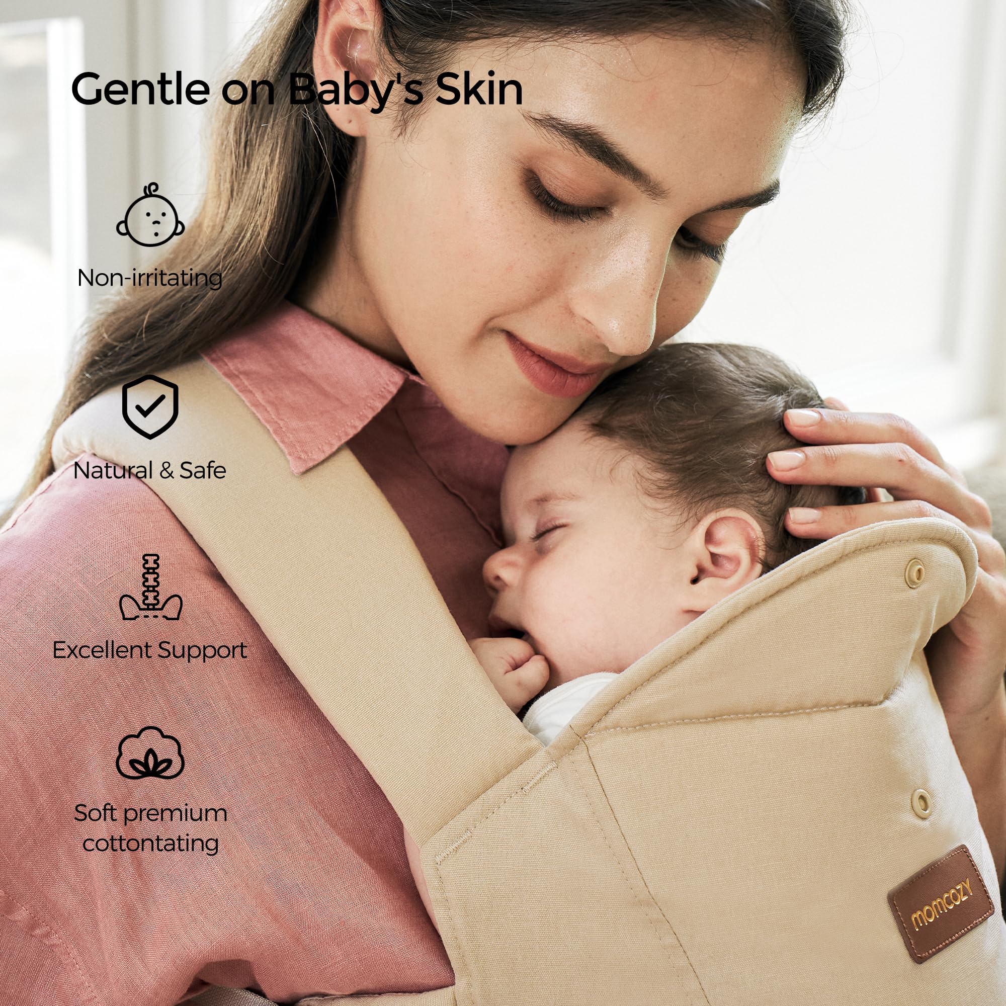 Momcozy Portaborraccia per neonati dalla nascita, supporto ergonomico con supporto per il collo, leggero e sicuro (3-11 kg), kaki