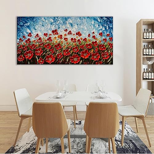 Miniatura 3 de Epicler art Pintura al óleo de flores rojas pintadas a mano de 24 x 48 pulgadas, lienzo contemporáneo, arte de pared, obras de arte de pared, sala