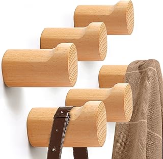 Wood Wall Hooks 6 Pack– Handmade Oak–Rustic Minimalist Wooden Peg Rack for Coats, Hats, Towels–Easy Wall Mount for Entryway, Bathroom, Bedroom,Wooden Towel Hooks, Hook