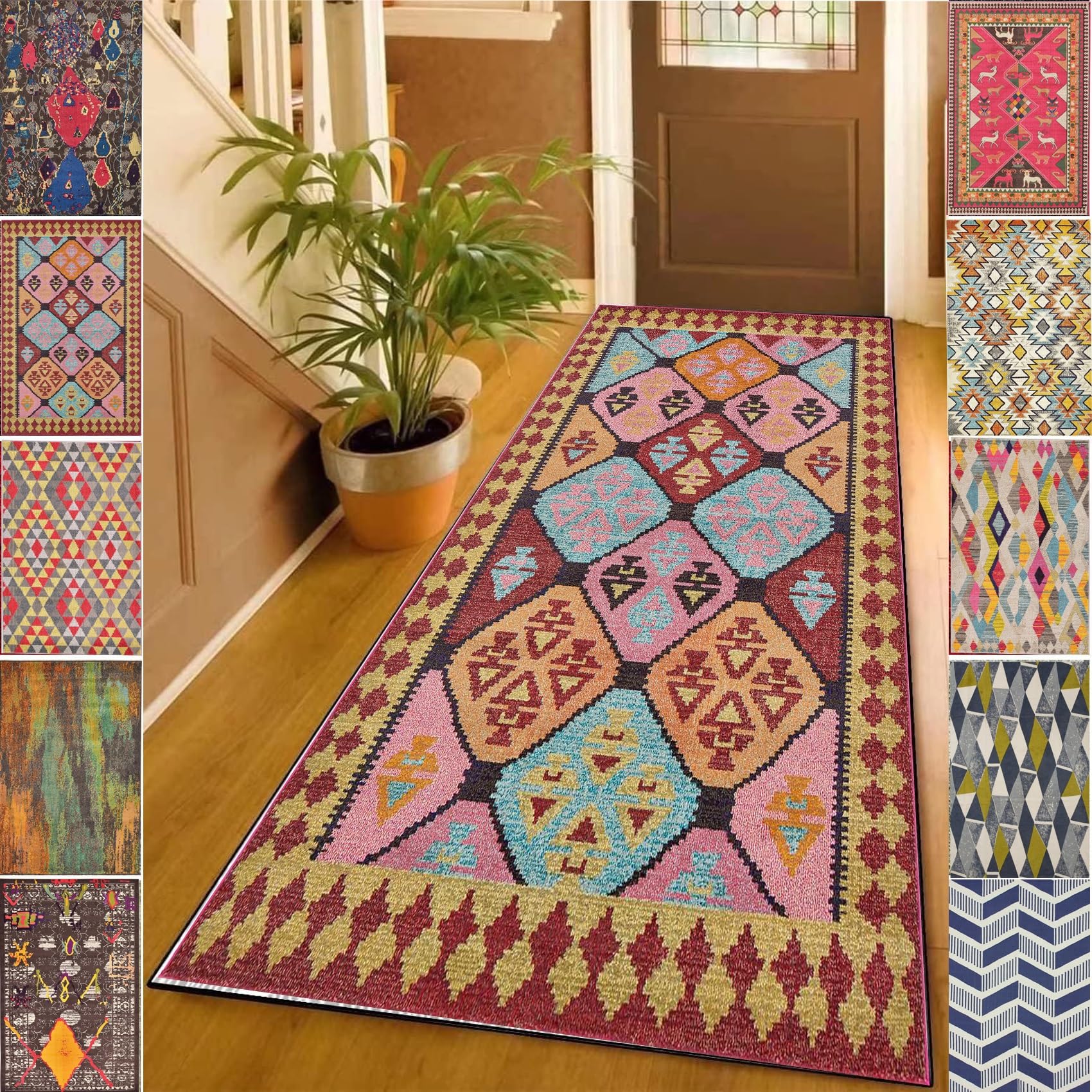 YANHONGRunner Rug for Entryway 110 x 490 cm Anti Fatigue, Hallway Bedroom Corridor Carpet, Heavy Duty Non-Slip Rubber Back, for Hallway Kitchen Living Room, Pink A