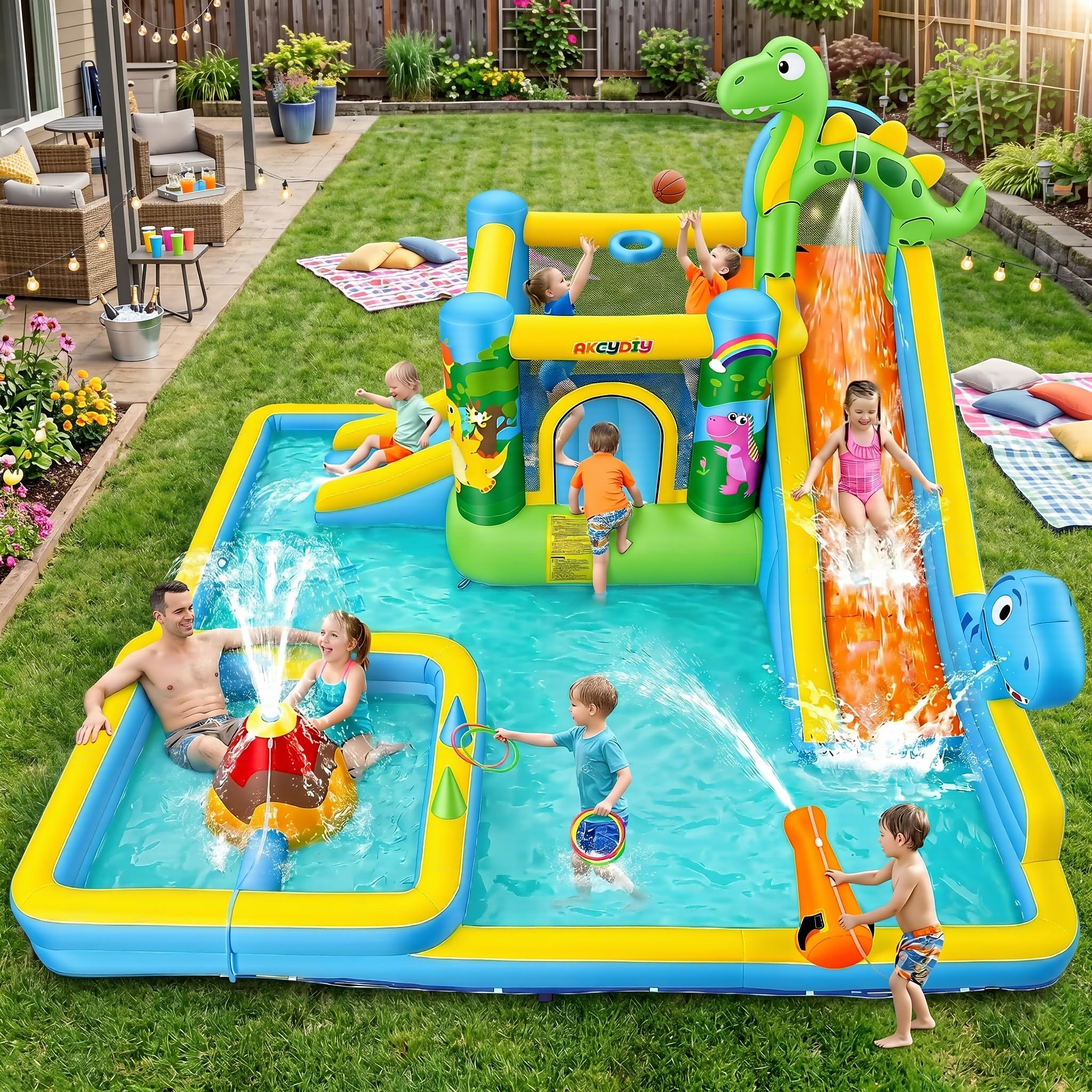 Tobogán acuático Inflable Castillo Hinchable con soplador para niños de 3 años + años, tobogán seco/acuático, Dinosaurios con 2 toboganes, Piscina Infantil y Piscina, Canasta de Baloncesto, cañón de