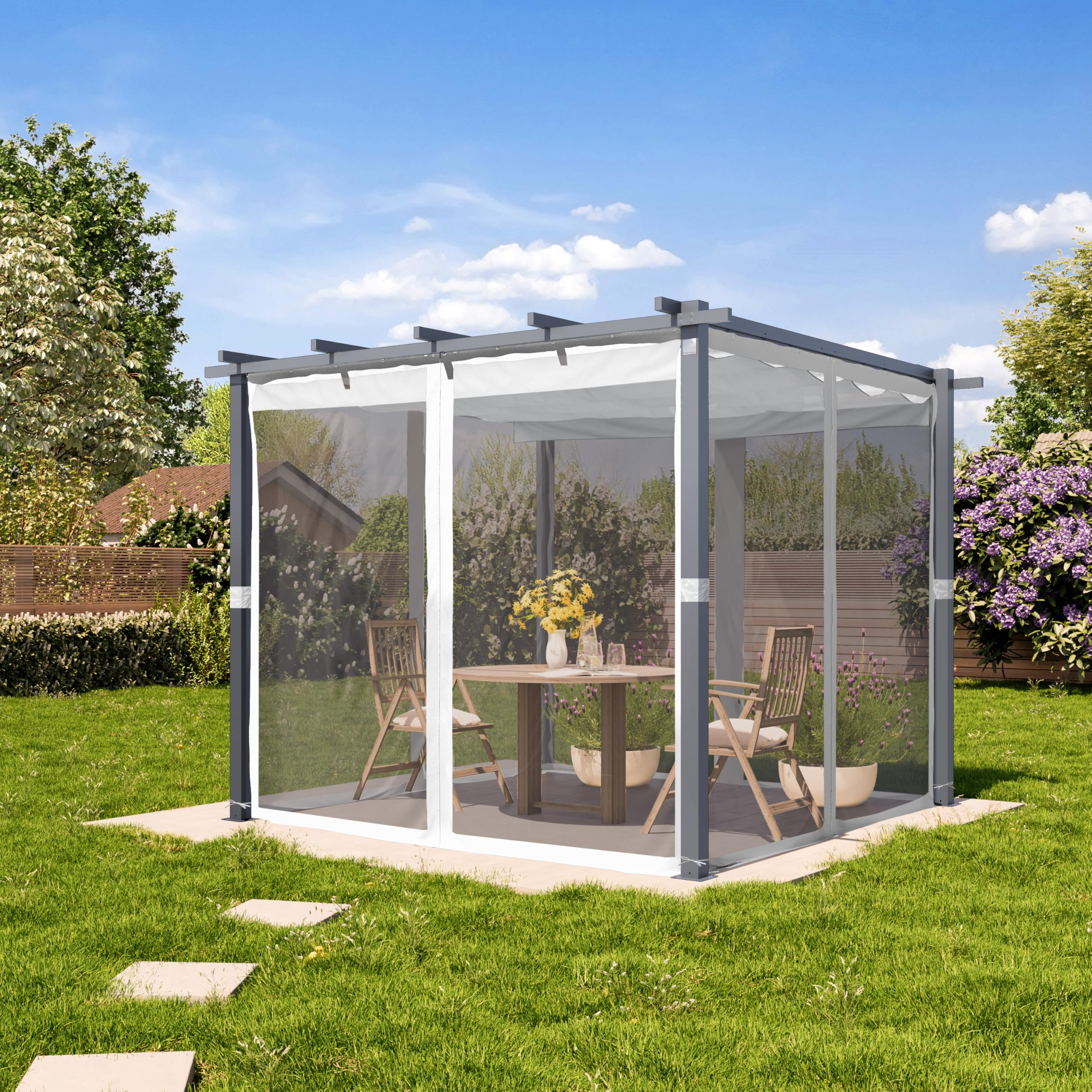 PRIMEYARD Moskitonetze für Pergola Classic 3x3 m - Polyester - mit Schienensystem und Reißverschluss - grau