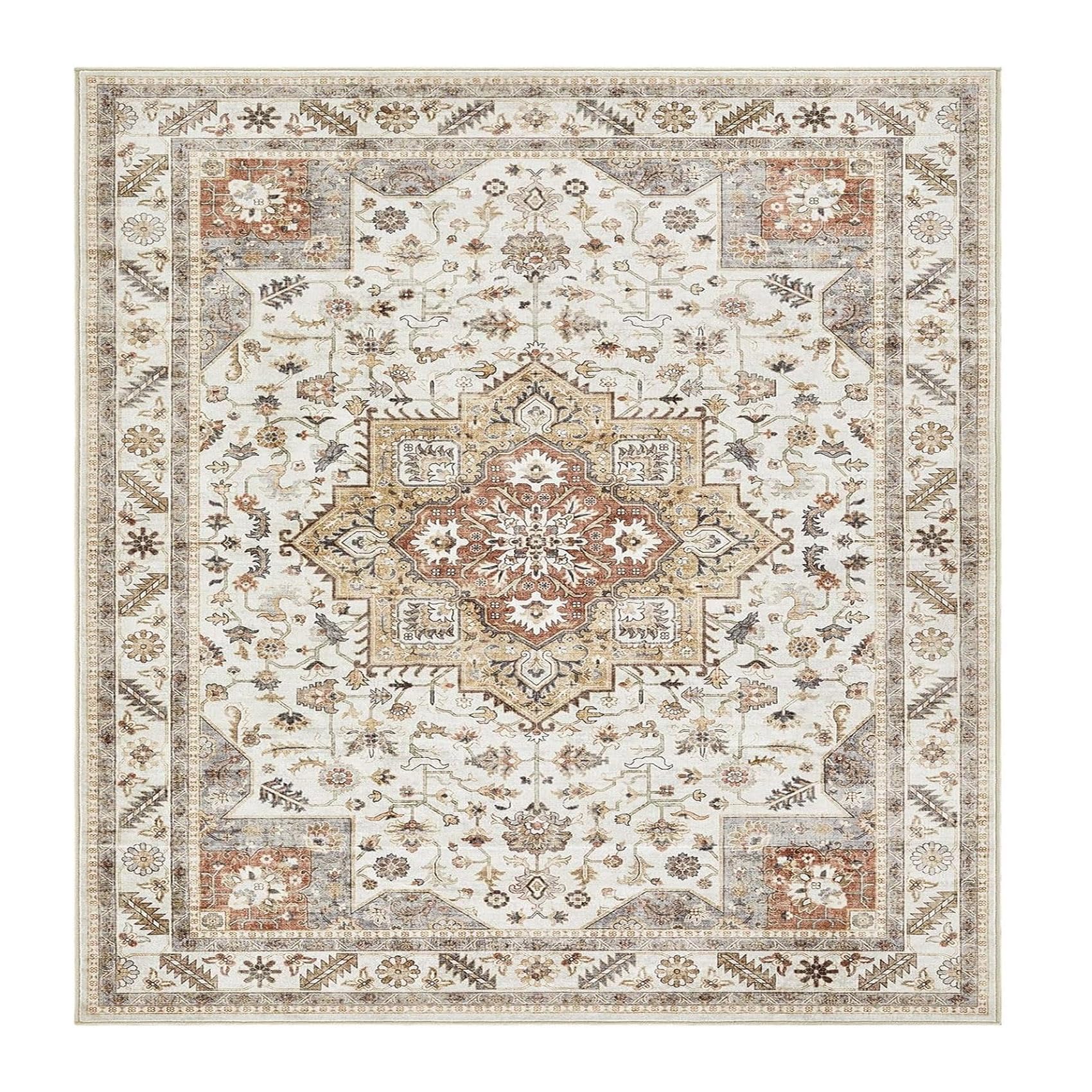 Tapis carré oriental de décoration 90x90 style vintage couleur taupe pour salon bureau