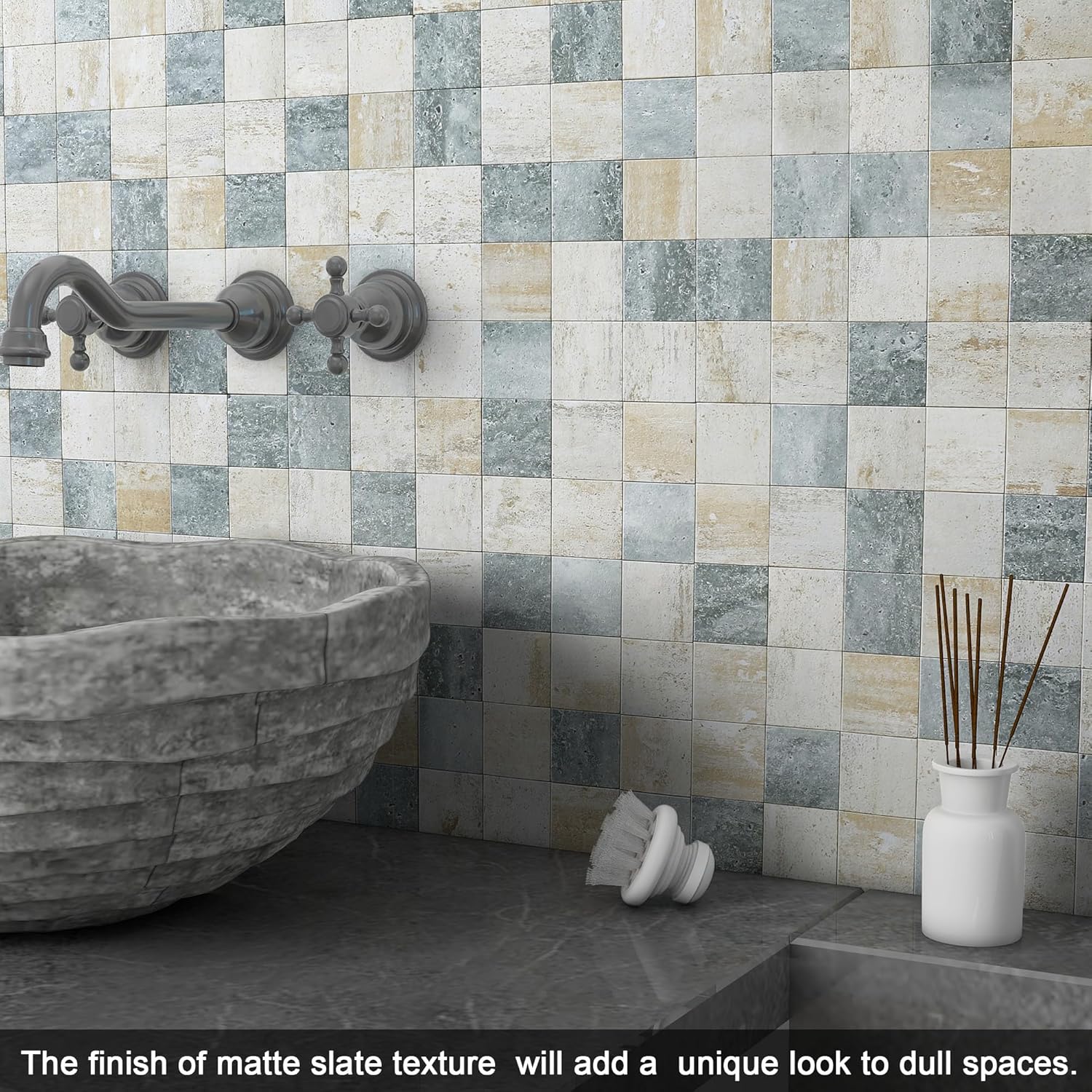 BeNice Kitchen Peel and Stick Tile Backsplash Bathroom Self Adhesive Stone Mosaic Thick Wall Stickers 12"x12"(Blue Rustic,10 Sheets)