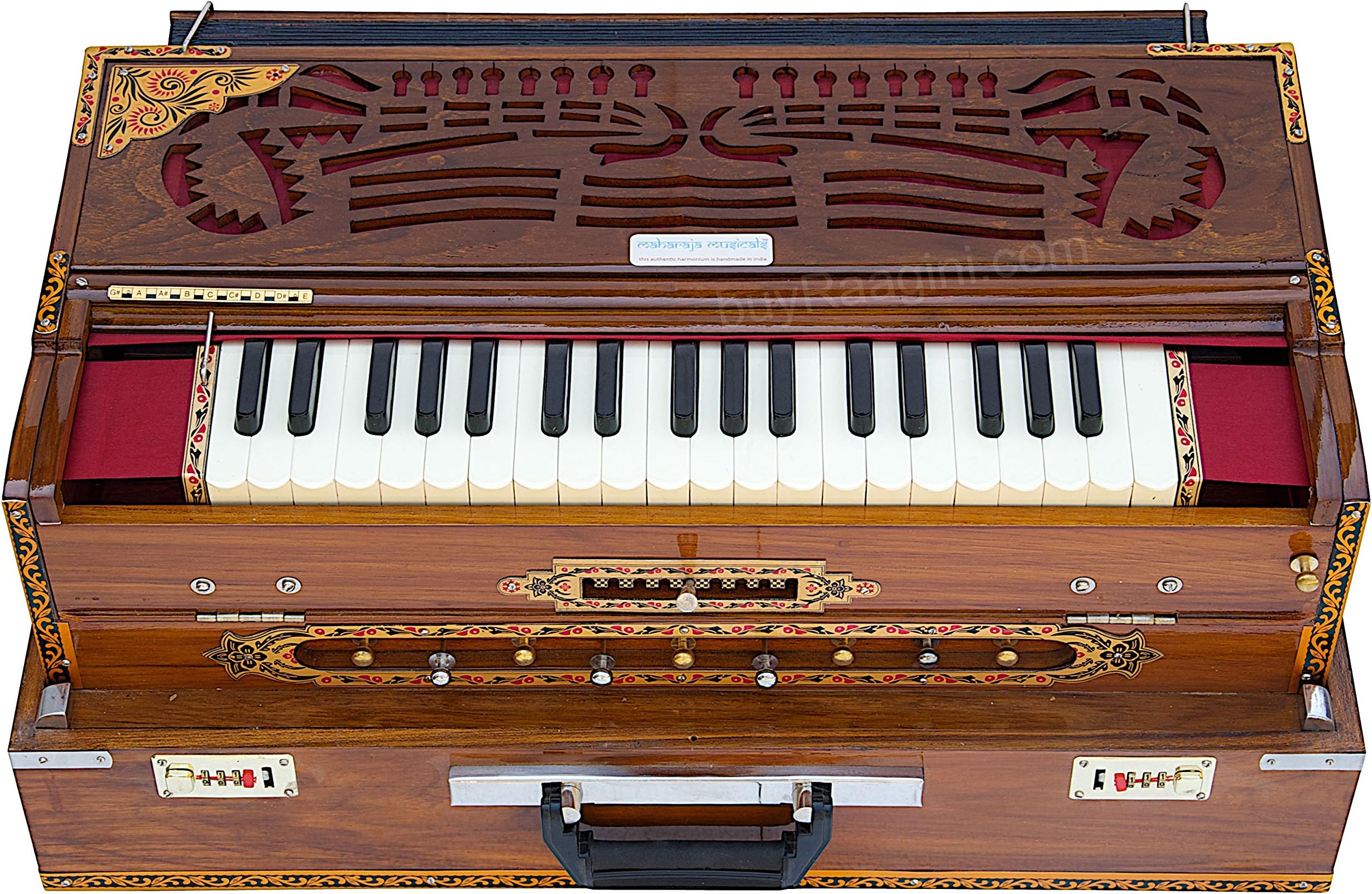 Scale Changer Harmonium, Maharaja Musicals, In USA, Triple Reed, 9 Scale Changer, 3 3/4 Octave, Natural, Teak Wood, Coupler, Bag, Tuned to A440, Indian Musical Instrument Calcutta (PDI-AGI-MMF)