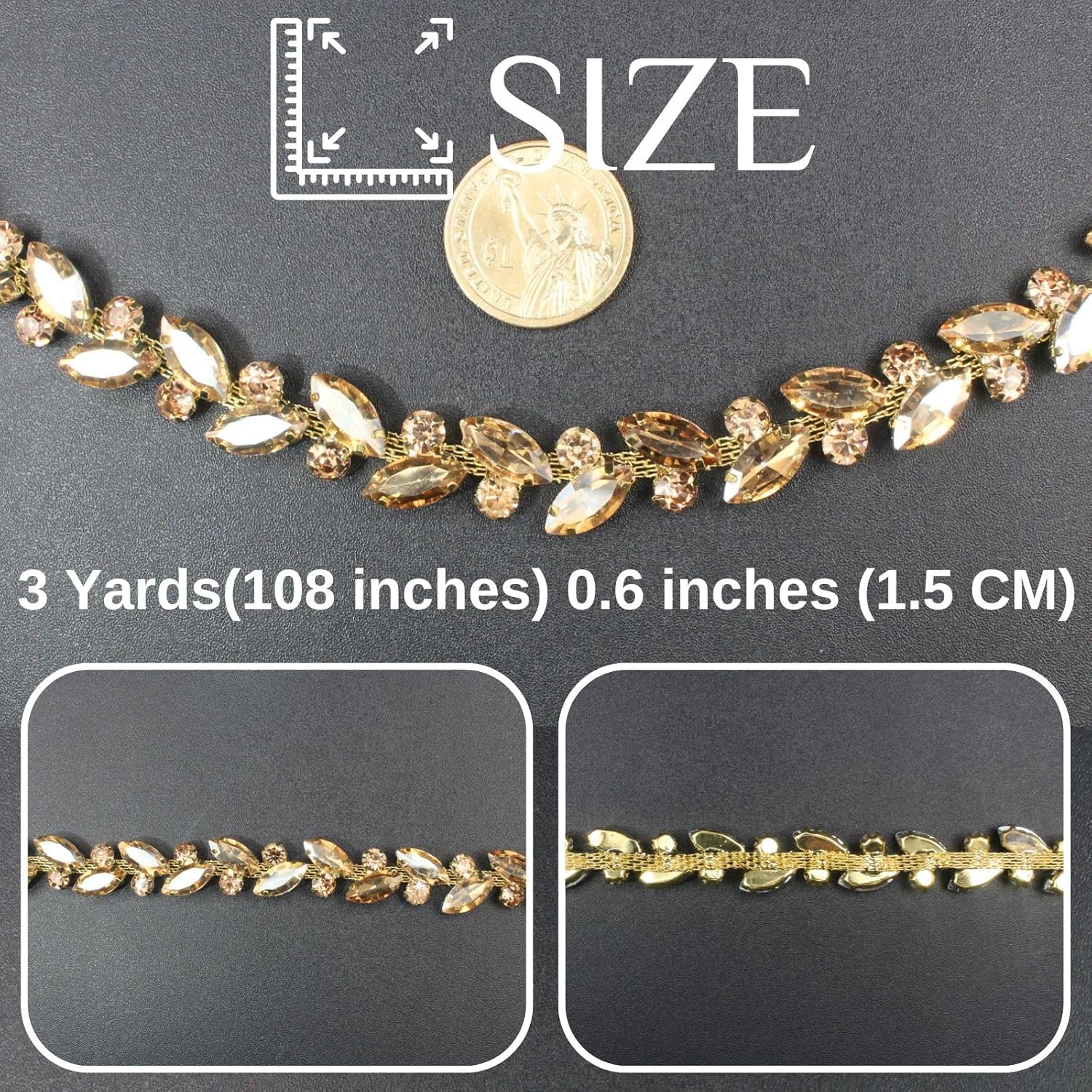 3 Yard Rhinestone Trim Chain Gold Yellow String Strips Crystal Applique Fringe Ribbon Beads Sewing for Dress DIY Party Wedding Bouquet Decoration Bridal Costume Embellishment