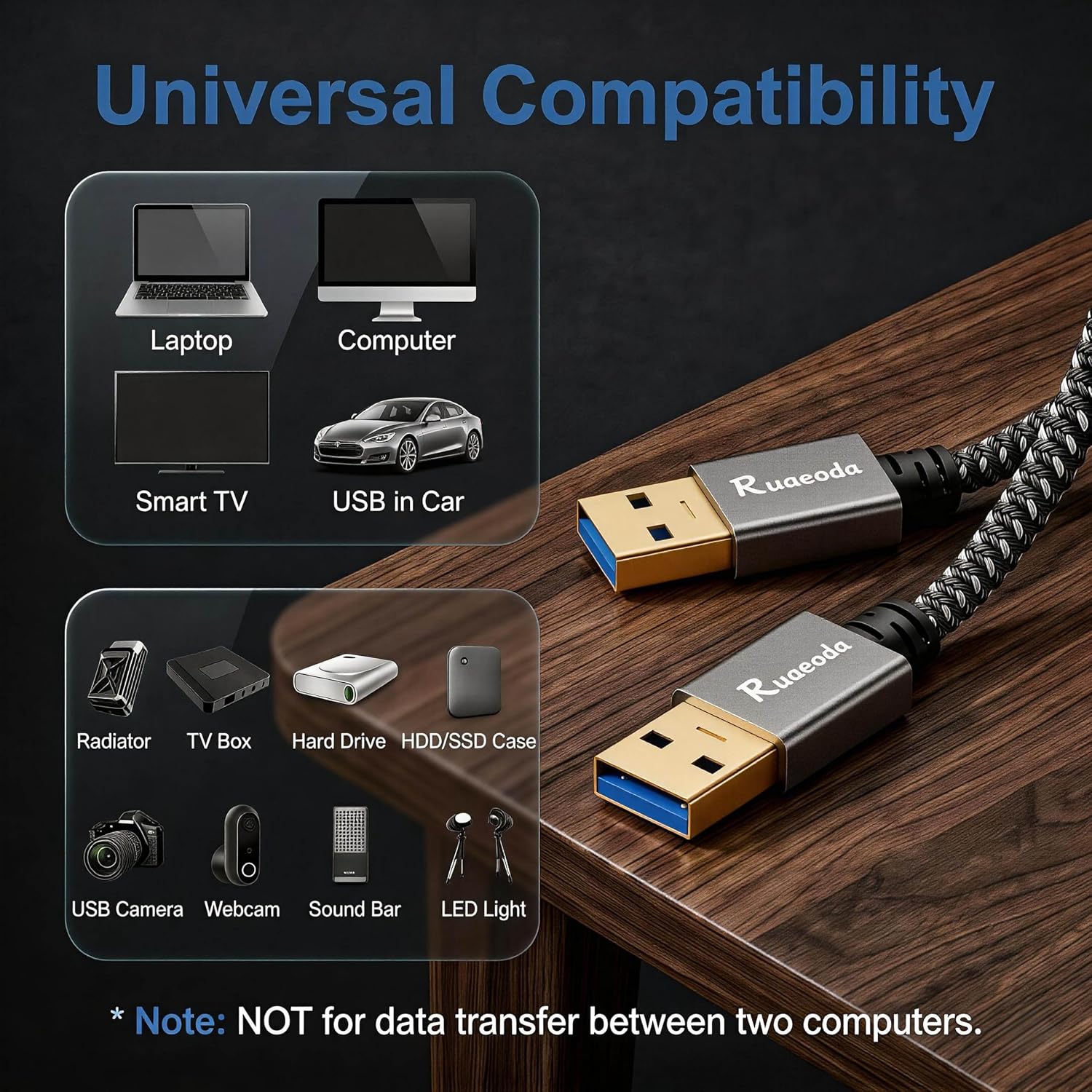 USB to USB Cable 10 ft, USB 3.0 Male to Male Type A to Type A Double Sided USB Cord for Data Transfer Compatible with Hard Drive, Laptop, DVD Player, TV, USB 3.0 Hub, Monitor and More image 5