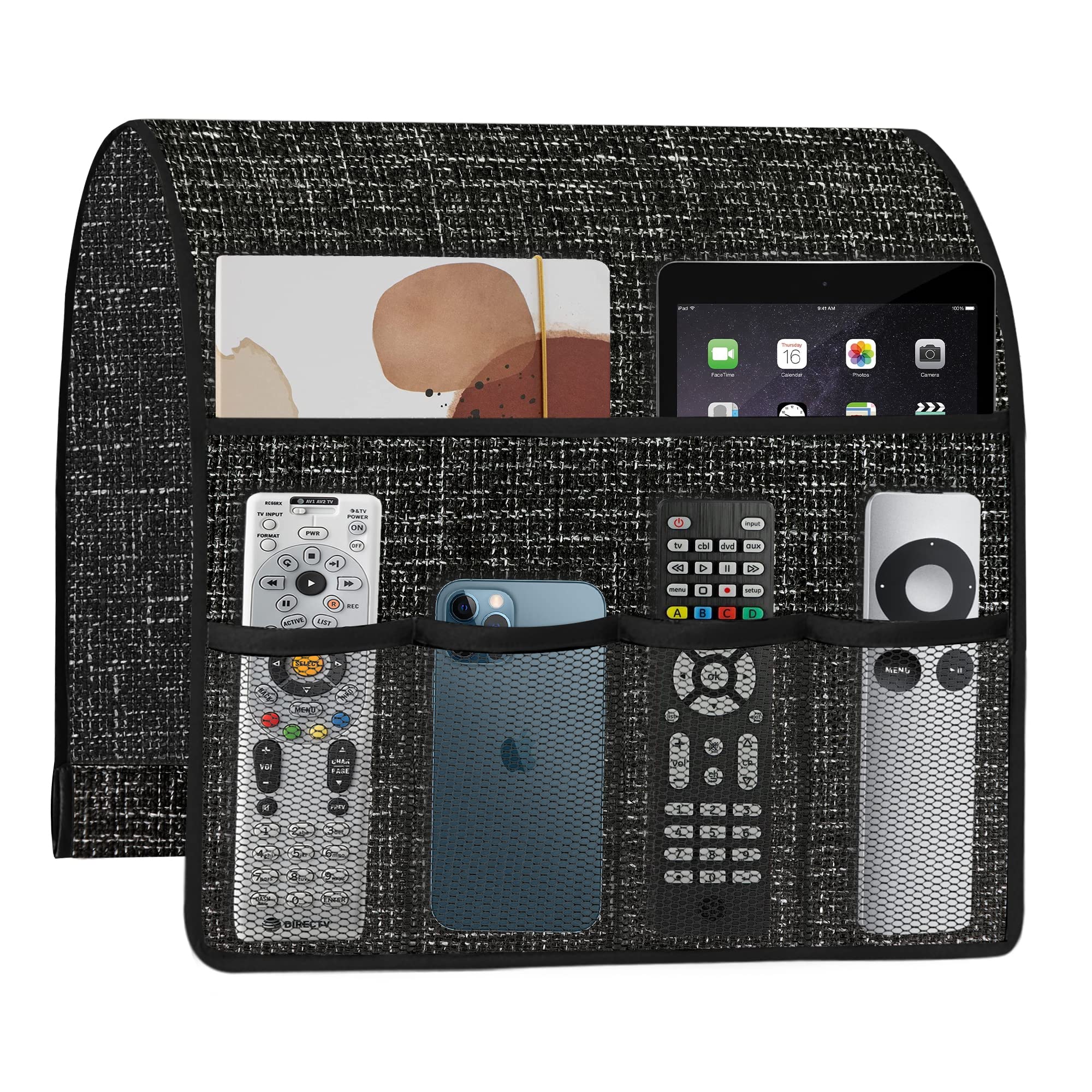 Faux Linen Armchair Caddy for Couch Recliner Remote Control Holder Armrest Organizer Durable Sofa Arm Chair Caddie with 6 Pocket Storage for Tablet, Magazine, Phone, iPad, Black