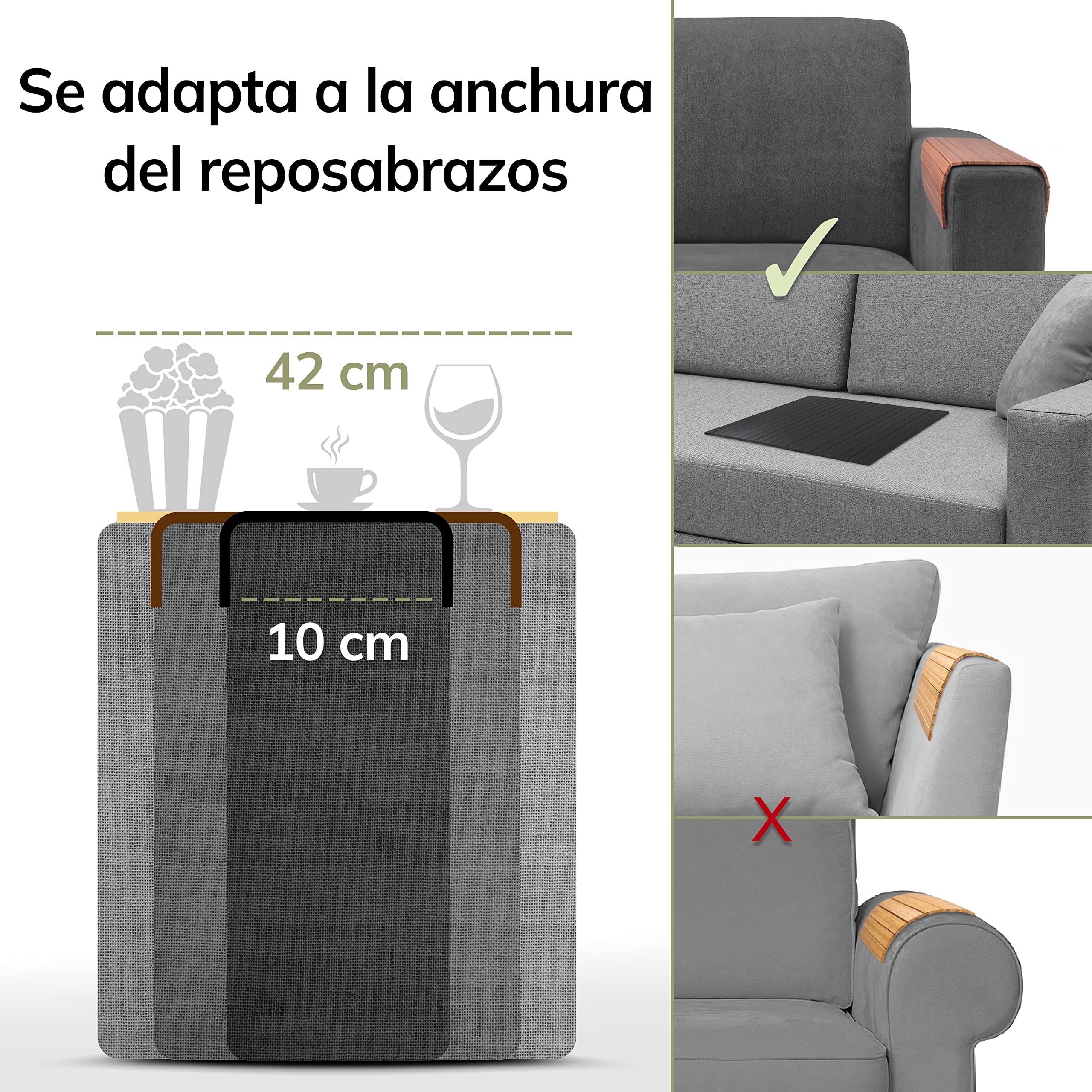 BAM BOO BOX Bandeja Reposabrazos Sofá Bambu – Bandeja Sofá Organizador 42x34x0,7cm – Reposabrazos Portavasos Bambu – Madera Natural | para Vasos, Tazas y Platos (Marrón)