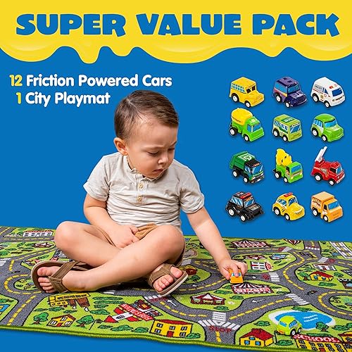 Miniatura 2 de JOYIN - Alfombras de juego para niños con juego de 12 vehículos de tracción trasera, alfombra duradera para niños, de simulación de ciudad
