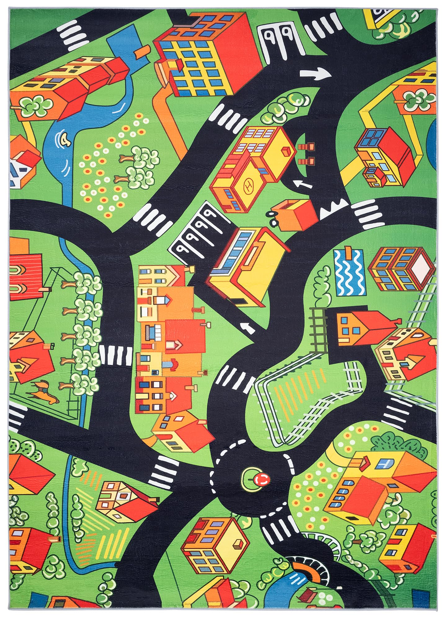 TAPISO Flannel Tapis Chambre Enfant Bébé Fille Garçon Antidérapant Lavable Vert Noir Rouge Tapis de Jeux Voiture Circuit Route Ville Poils Ras Oeko-TEX Résistant 120 x 170 cm