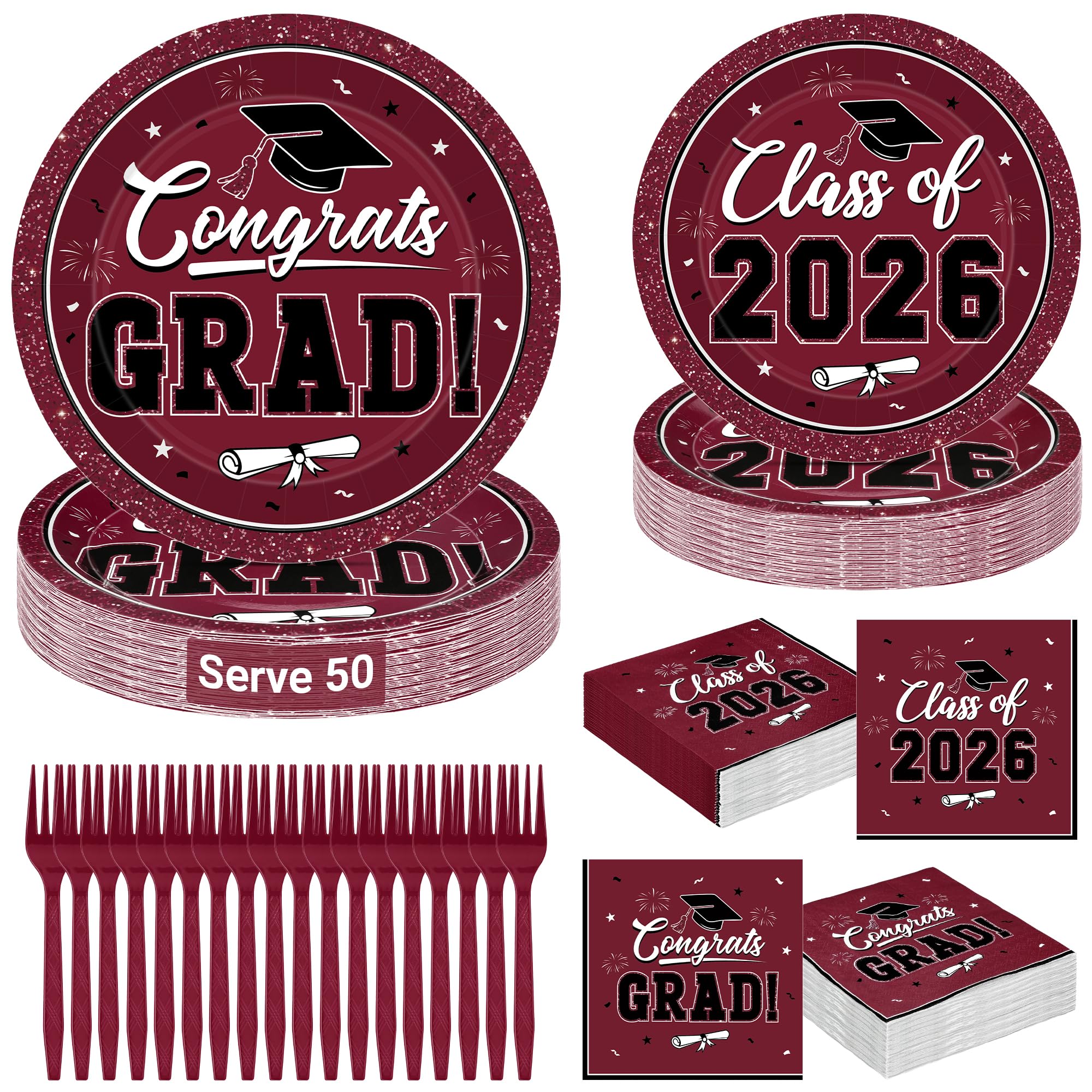 QZYL 200Pcs Graduation Supplies Set, Burgundy Graduation Plates, Napkins, Dessert Plates and Plastic Forks, Disposable Grad Party Supplies for 50 Guests, Grad tableware for 2026 School Ceremony