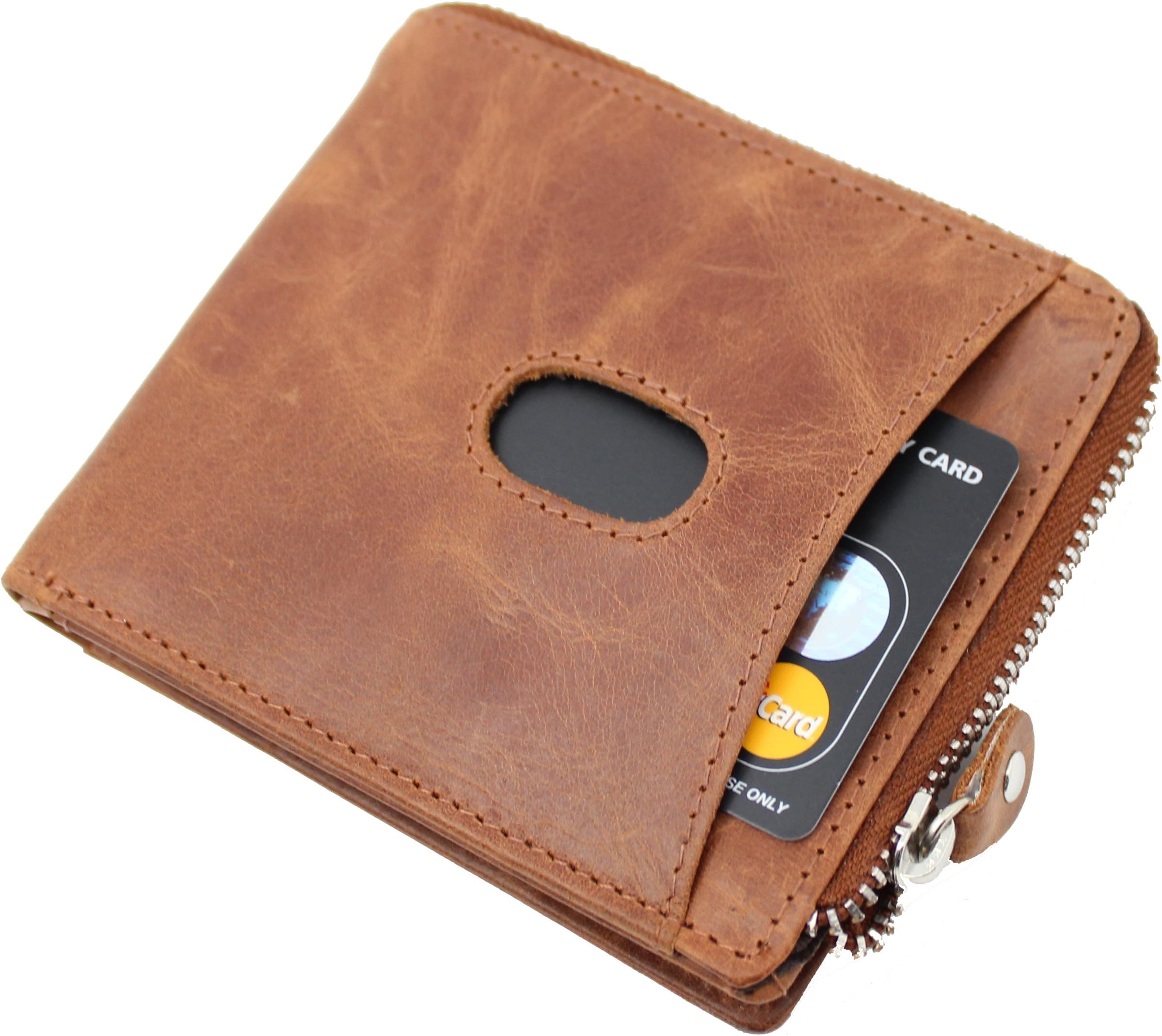 Mens RFID Blocking Billfold Genuine Leather Zipper Wallet 4017 Tan