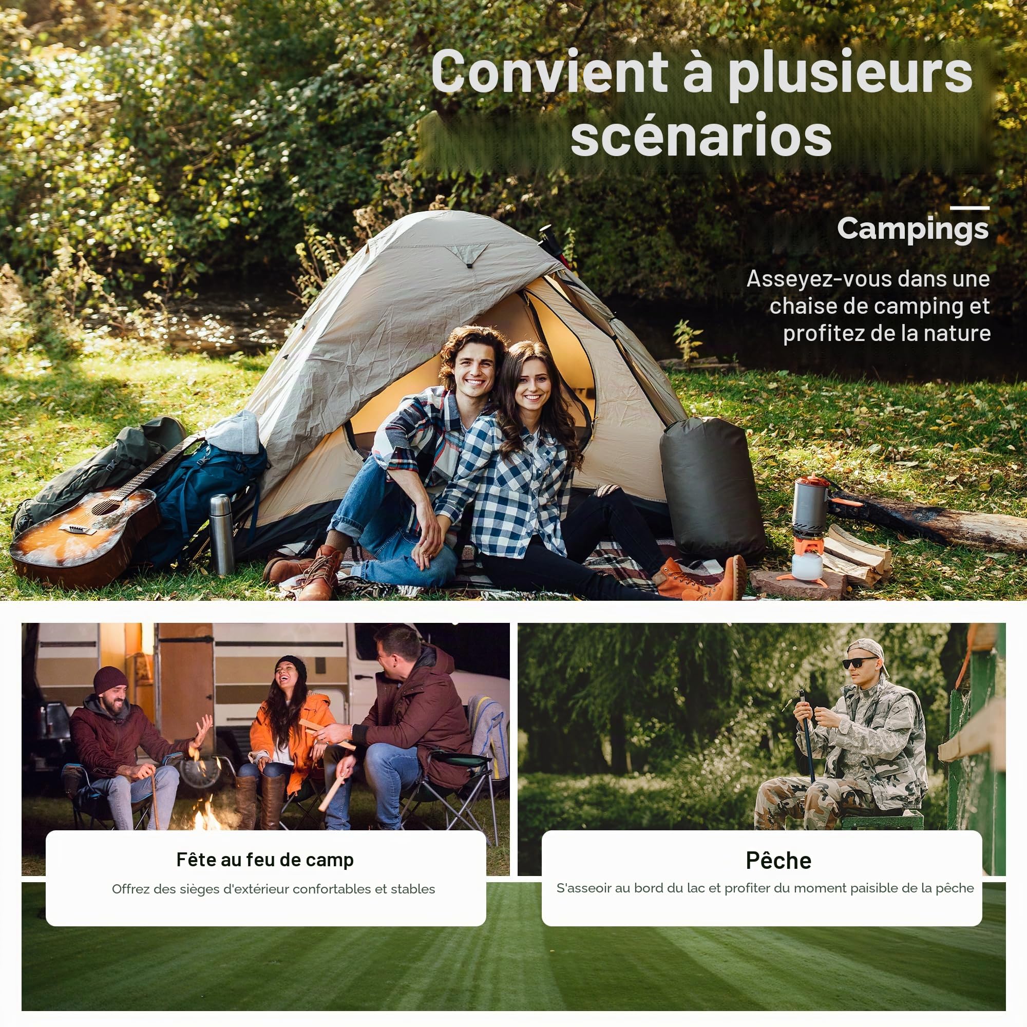 LET'S CAMP Lot de 2 chaises de Camping Pliantes avec Sac Isotherme à 3 bidons - Chaise de Jardin Portable avec Porte-gobelet - Charge maximale : 120 kg - Chaise d'extérieur pour Camping, Plage