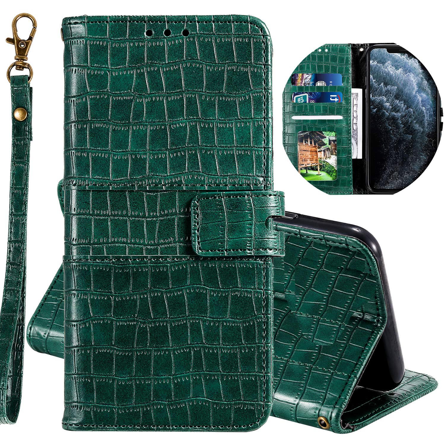 Miagon Crocodile Flip Case for Samsung Galaxy A10,Retro PU Leather Wallet Cover with Card Slots Magnetic Kickstand Function Bookstyle Bumper,Green