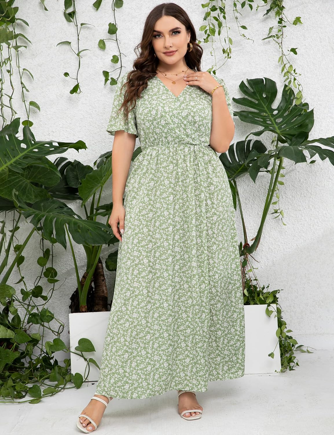 KOJOOIN Womens Kojooin Women Plus Size Wrap Maxi Dress Short Flutter Sleeves Empire Waist Side Split a Line Casual Dress - Image 2