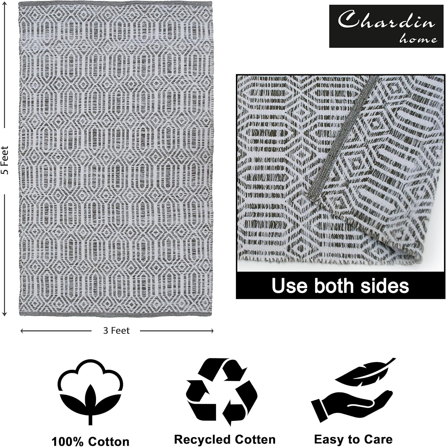 Chardin home Grey, Green & White Throw Rug 3x5 feet |Hand Woven Farmhouse Area Rug | Great in Kitchens entryways doormats Bathrooms Meditation Mat | Machine Washable & Reversible Cotton Rugs