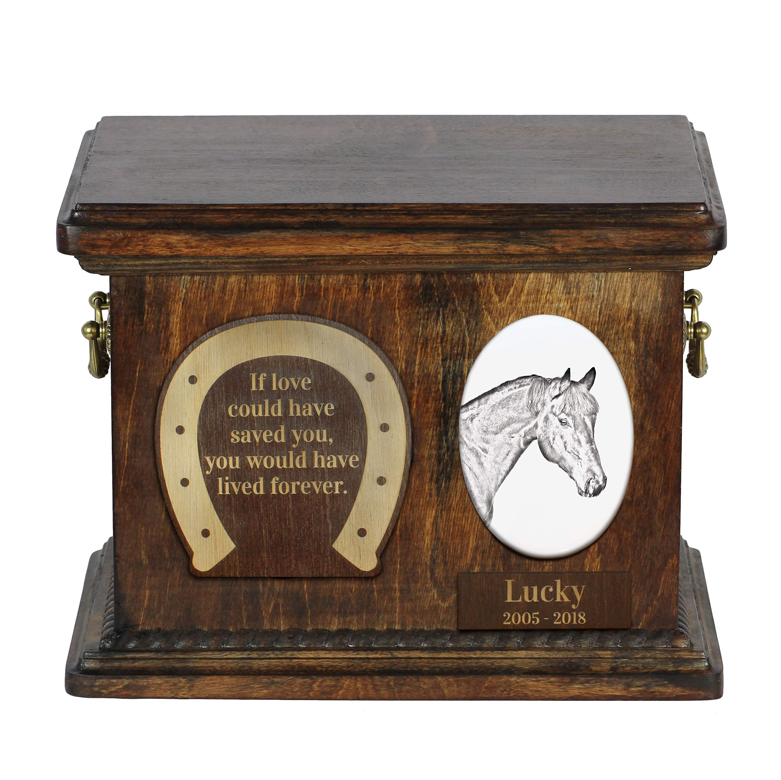 Boîte de crémation pour cheval bai Art-Dog en bois naturel gravé pour apaiser la douleur de la perte