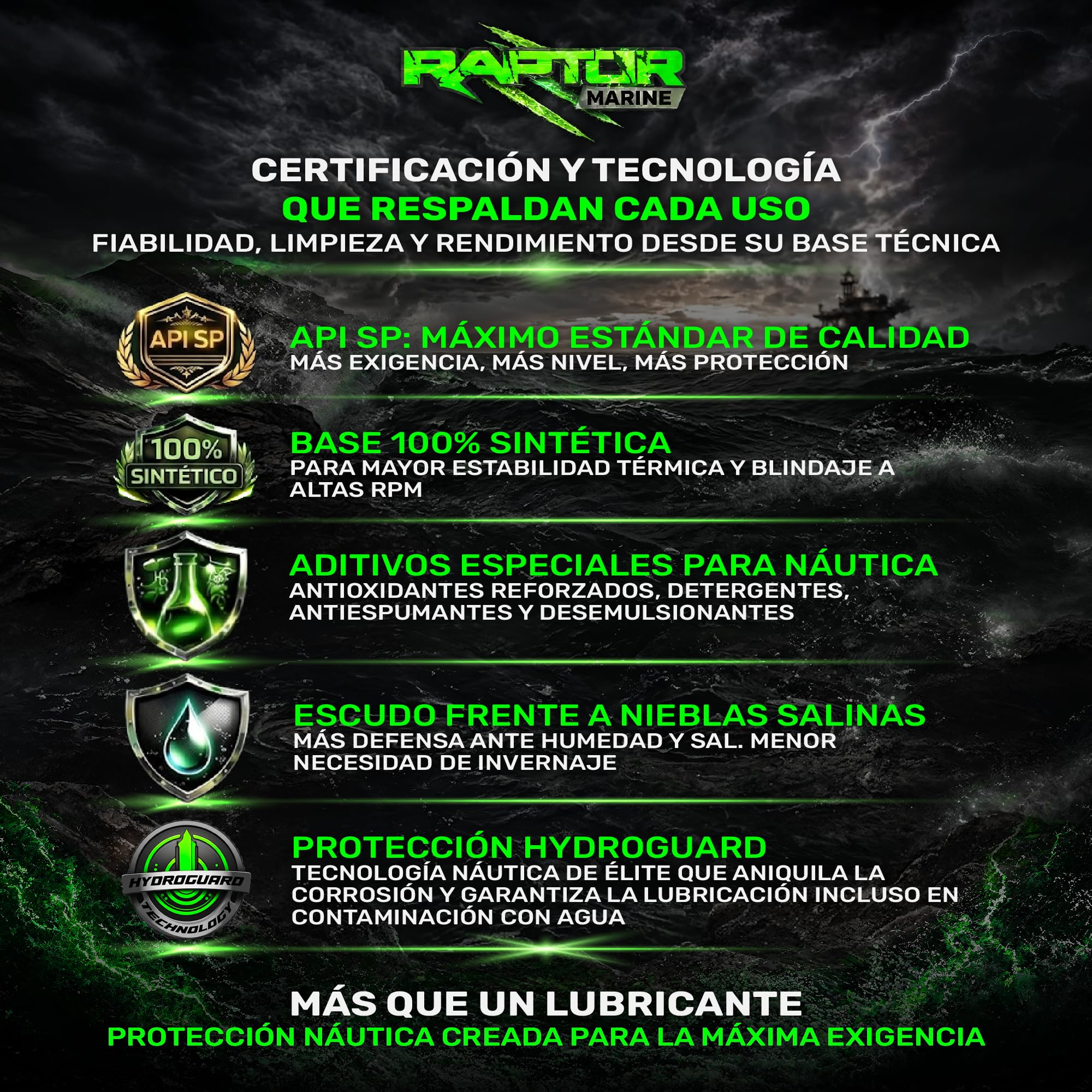 Raptor Marine - Aceite Motor Marino 25W40 100% Sintético Hydroguard | 5L | Fueraborda e Intraborda 4T | Gasolina y Diésel | Anticorrosión | NMMA FC-W, API SP