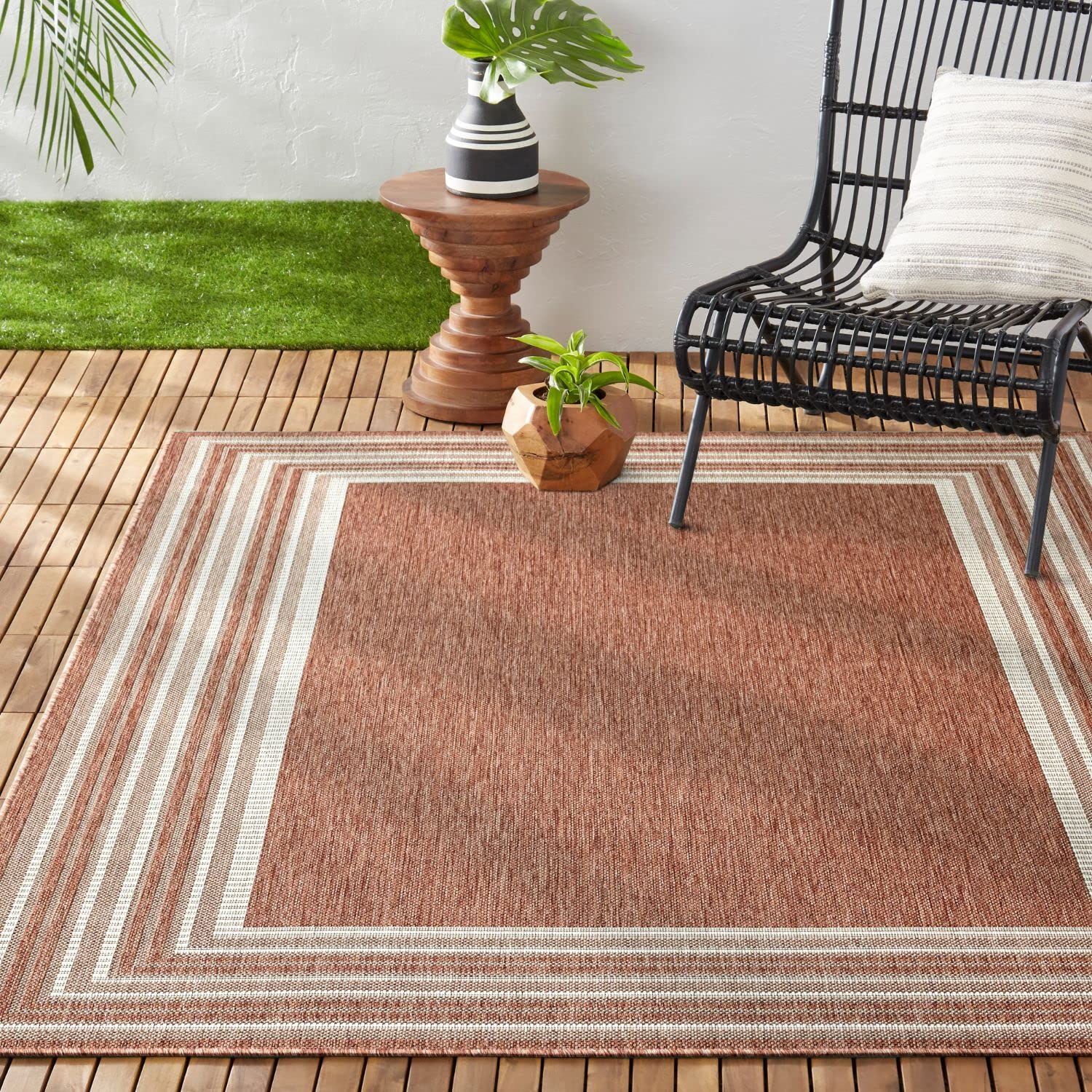 Nicole Miller New York Patio Country Layla Modern Border Indoor/Outdoor Area Rug, Terracotta/Ivory, 7'9"x10'2"