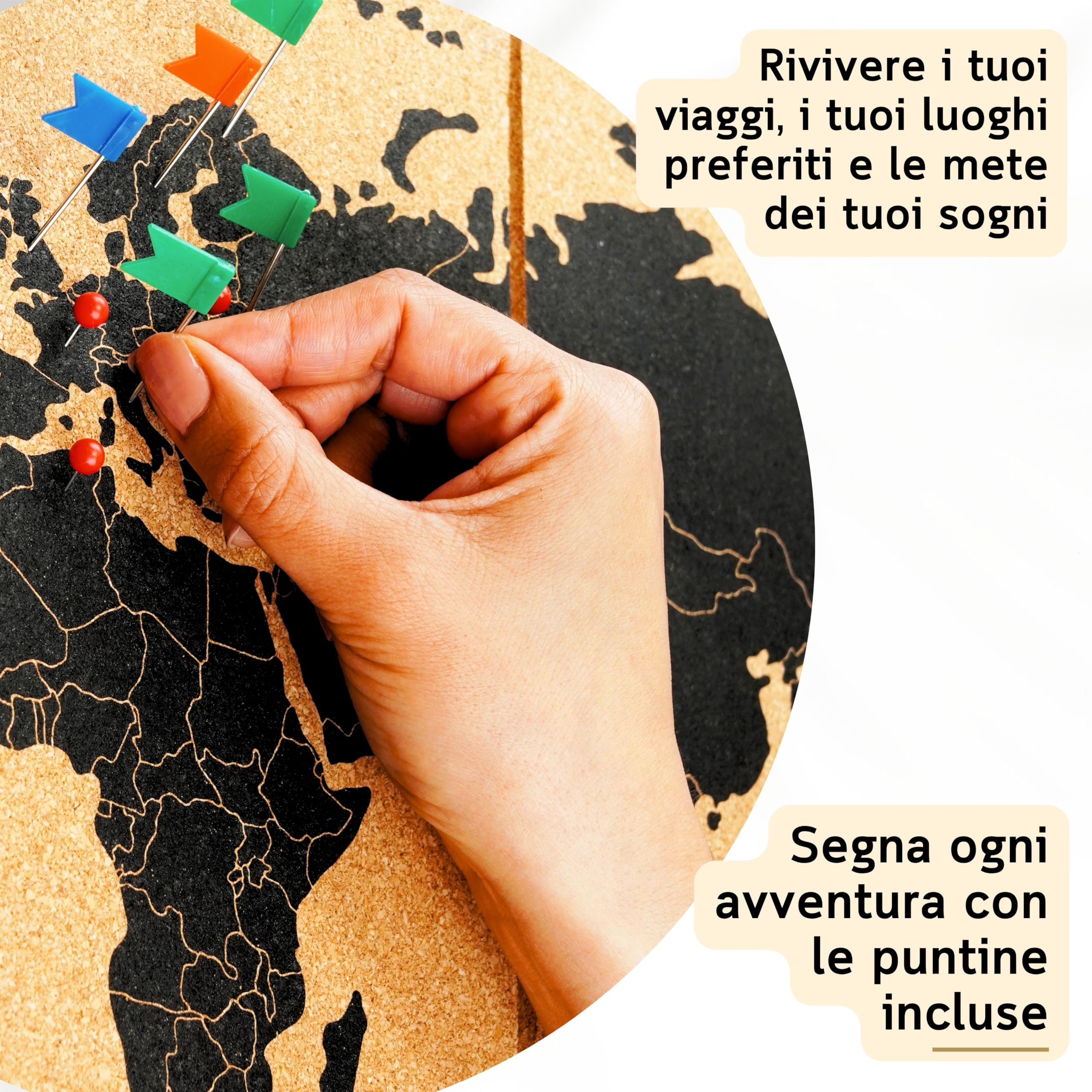 Mappamondo da Parete XXL 120x60 cm – 6 Pannelli Autoadesivi in Sughero – Mappa del Mondo con Puntine – Planisfero Gigante Segna Viaggi – 60 Puntine