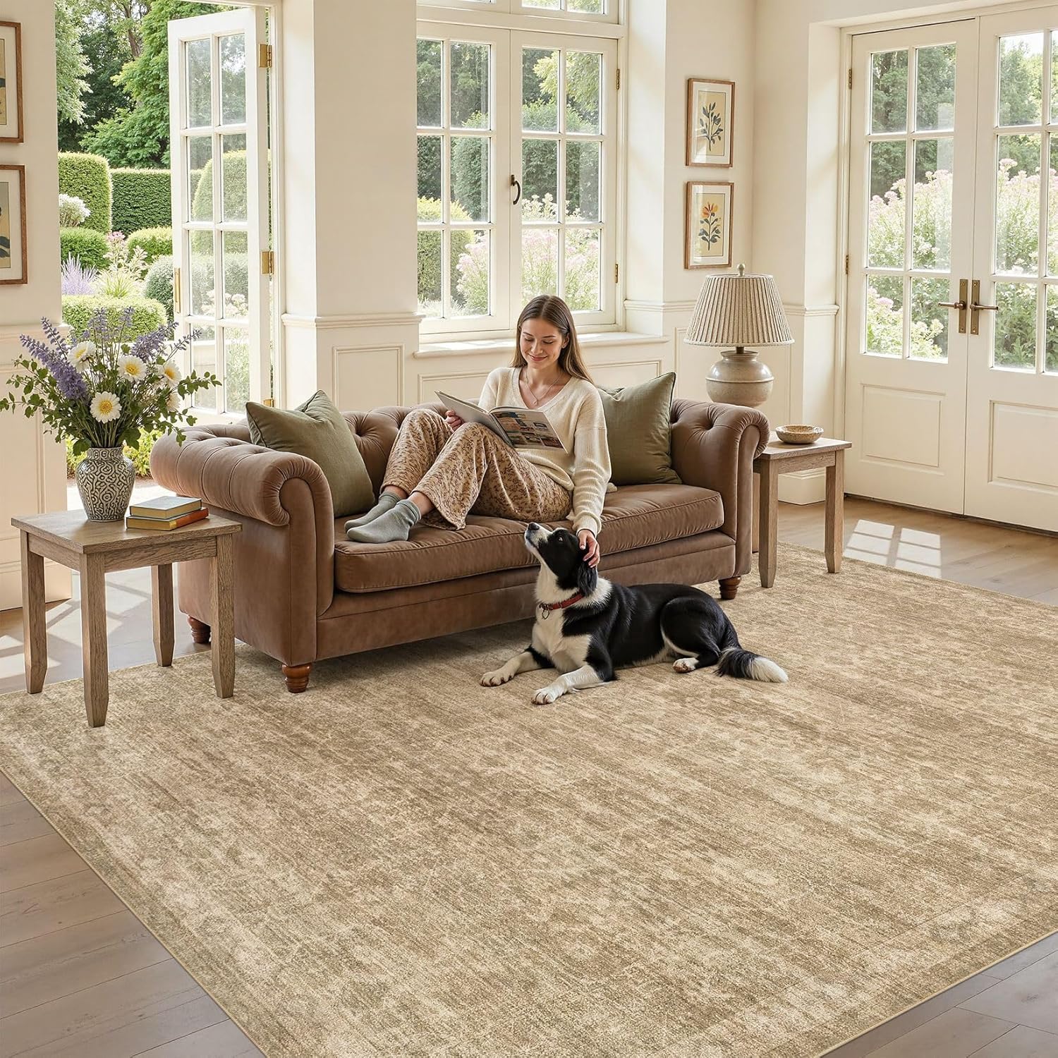 Nakagishi 5x7 Area Rugs Living Room: Washable Large Vintage Rug Neutral Non-Slip Soft Stain Resistant Indoor Carpet for Bedroom Nursery Dining Room Office Playroom - Dark Brown