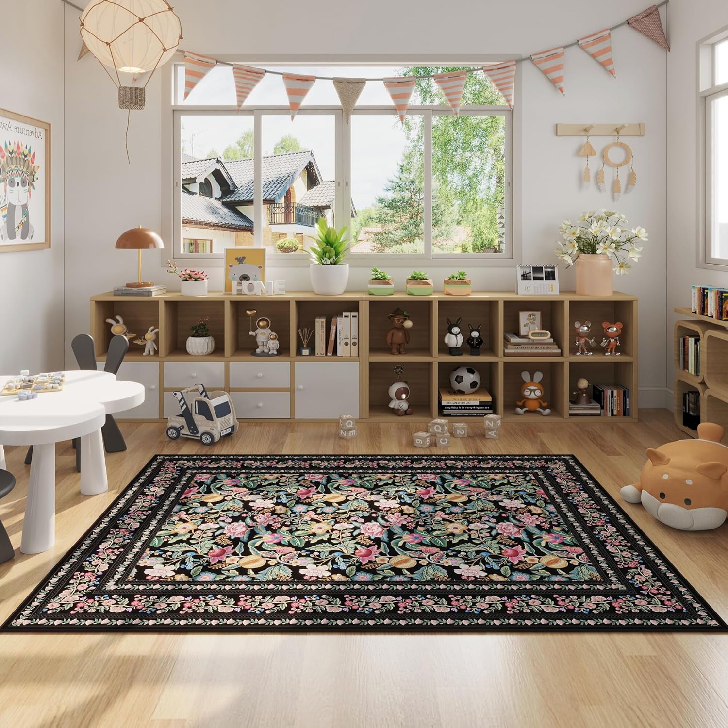 Bedroom Rug 3x5 Rug Washable Area Rug Non Slip Low Pile Vintage Floral Small Carpet for Bedroom, Bedside, Kitchen, Entryway, Kids Room, Office, Black