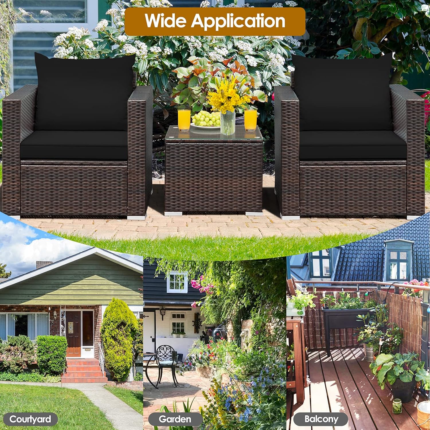 Patio Conversation Set Outdoor, 3-Piece Rattan Wicker Furniture Set with Water-Resistant Cushion & Tempered Glass Tabletop, Patio Furniture Set for Balcony, Porch, Poolside (Black)