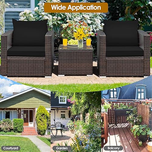 Miniatura 6 de COSTWAY Juego de muebles de ratán de patio de 3 piezas, sofá de conversación acolchado negro