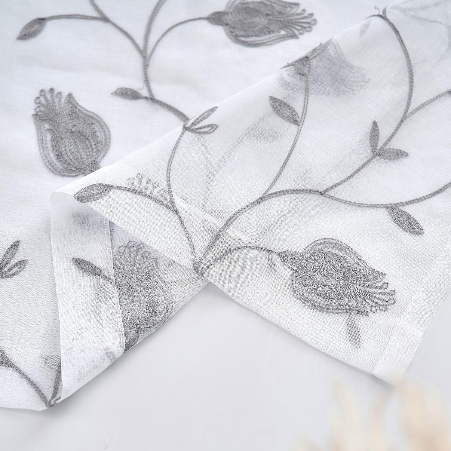 Sheer Curtains White-Grey 63 Inches, Floral Embroidery Rod Pocket Voile Drape for Living room, Bedroom, Window Treatments Semi Crinkle Curtain Panels for Yard, Patio, Villa, Parlor, Set of 2, 52"x 63"