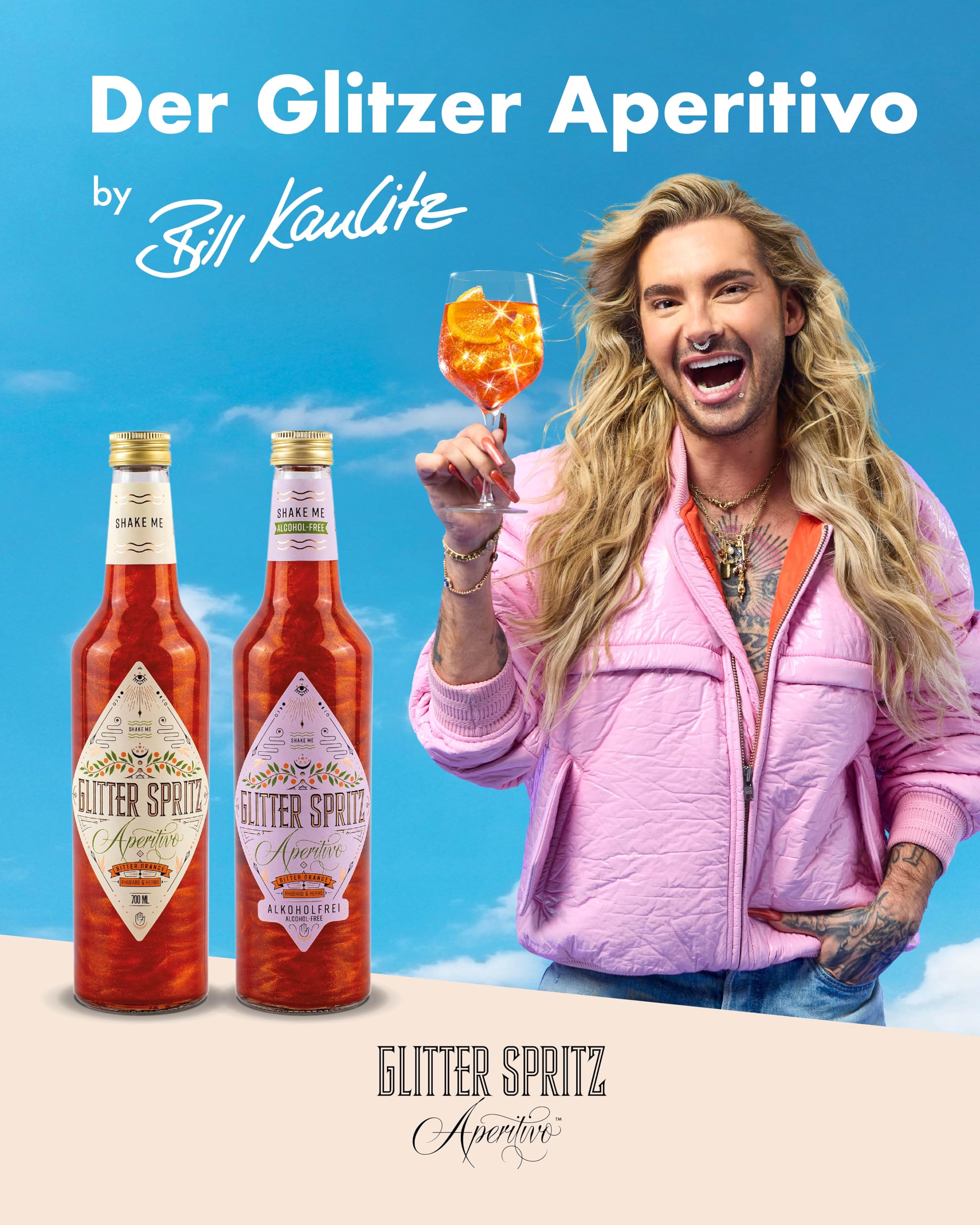 Glitter Spritz – Das Original – Sans alcool 0,7 l – Cocktail à paillettes Aperitivo sans alcool avec orange amère, rhubarbe et herbes pour boissons pailletées, spritz italien et occasions spéciales (1