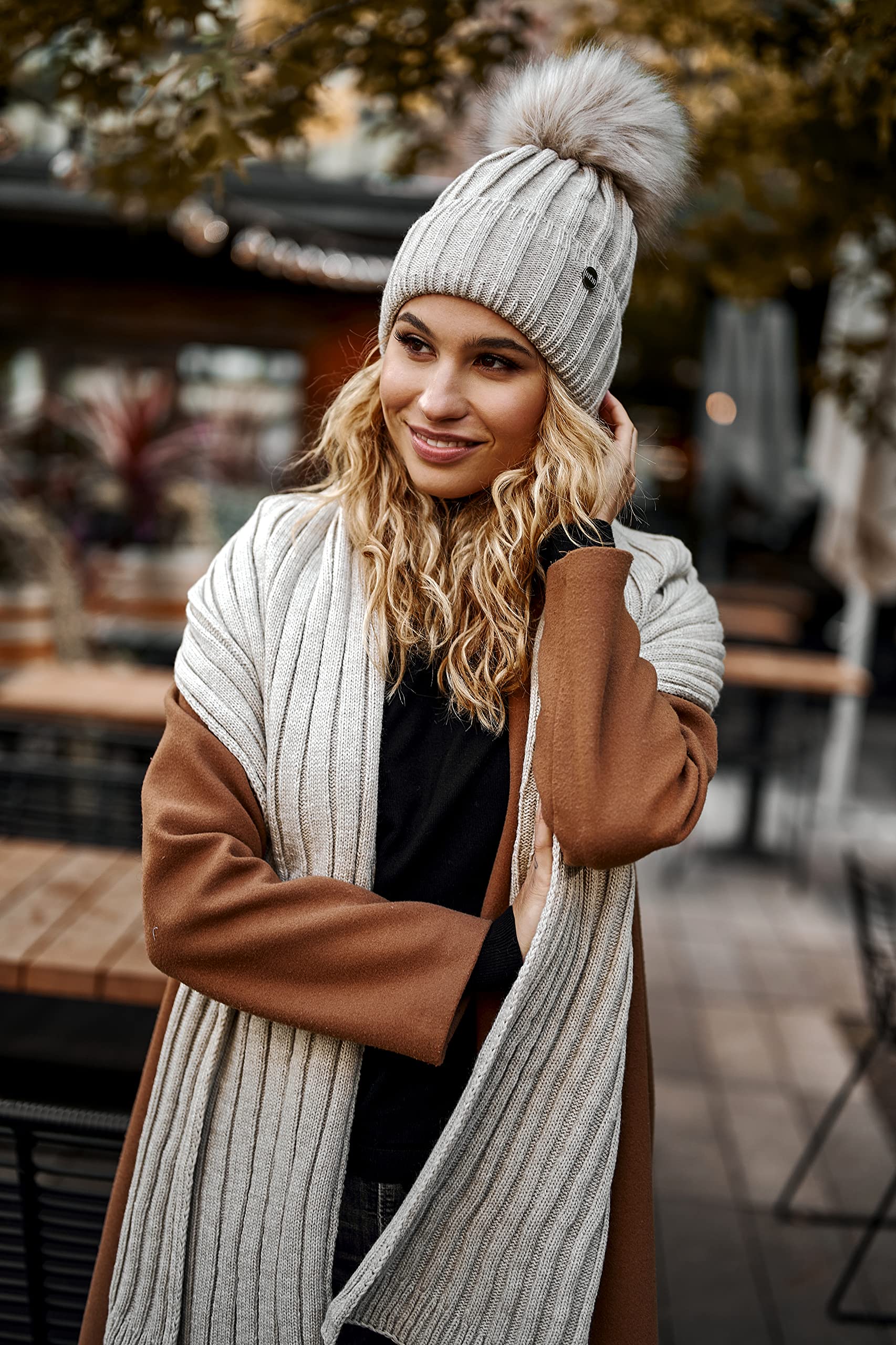 ELIMELI Gorro de cachemira para mujer, de invierno, cálido, gorro de lana con cachemira, gorro de invierno con pompón de piel sintética, gorro de punto para mujer, para invierno, gorro de pompón,