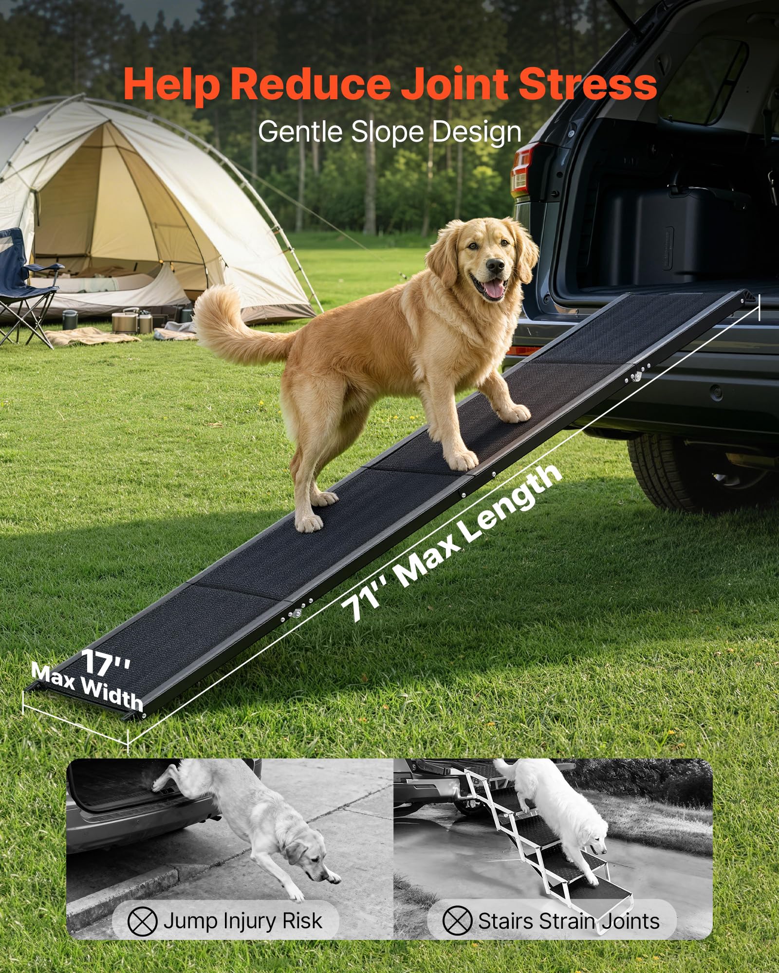VEVOR Rampa para Perros para Coche, 180 x 43,2 cm, Plegable, para Perros Medianos y Grandes de hasta 113 kg, con Superficie de Tela Oxford Antideslizante, Portátil, para Exteriores, SUV y Camión