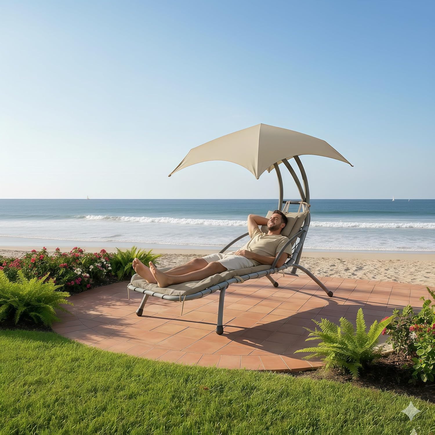 Weatherproof Replacement Cushion Pad and Umbrella for Hanging Lounge Chair Outdoor Chaise Hanging Hammock Chair - Long-Lasting, Fade-Resistant, Quick-Dry, Outdoor Lounge Replacement Set (Beige-) 7