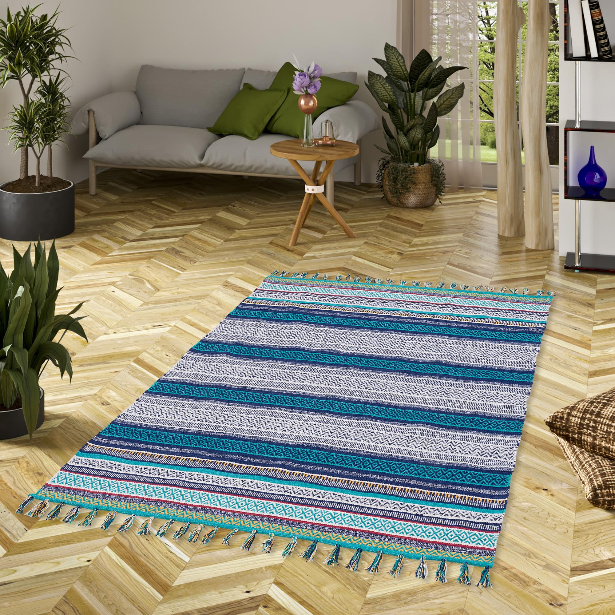 Kilim en Coton Tissé à la Main - Coloré, Multicolore en Bleu et Turquoise - Tapis Durable et Facile à Entretenir - Idéal pour Salon, Couloir et Cuisine - Tapis Écologique en Matières Naturelles