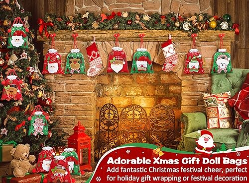 Miniatura 8 de 12 bolsas de regalo de Navidad con cordón, bolsas de regalo de Navidad 3D de 5.5 x 7 pulgadas, pequeñas bolsas de tela para dulces de Navidad,