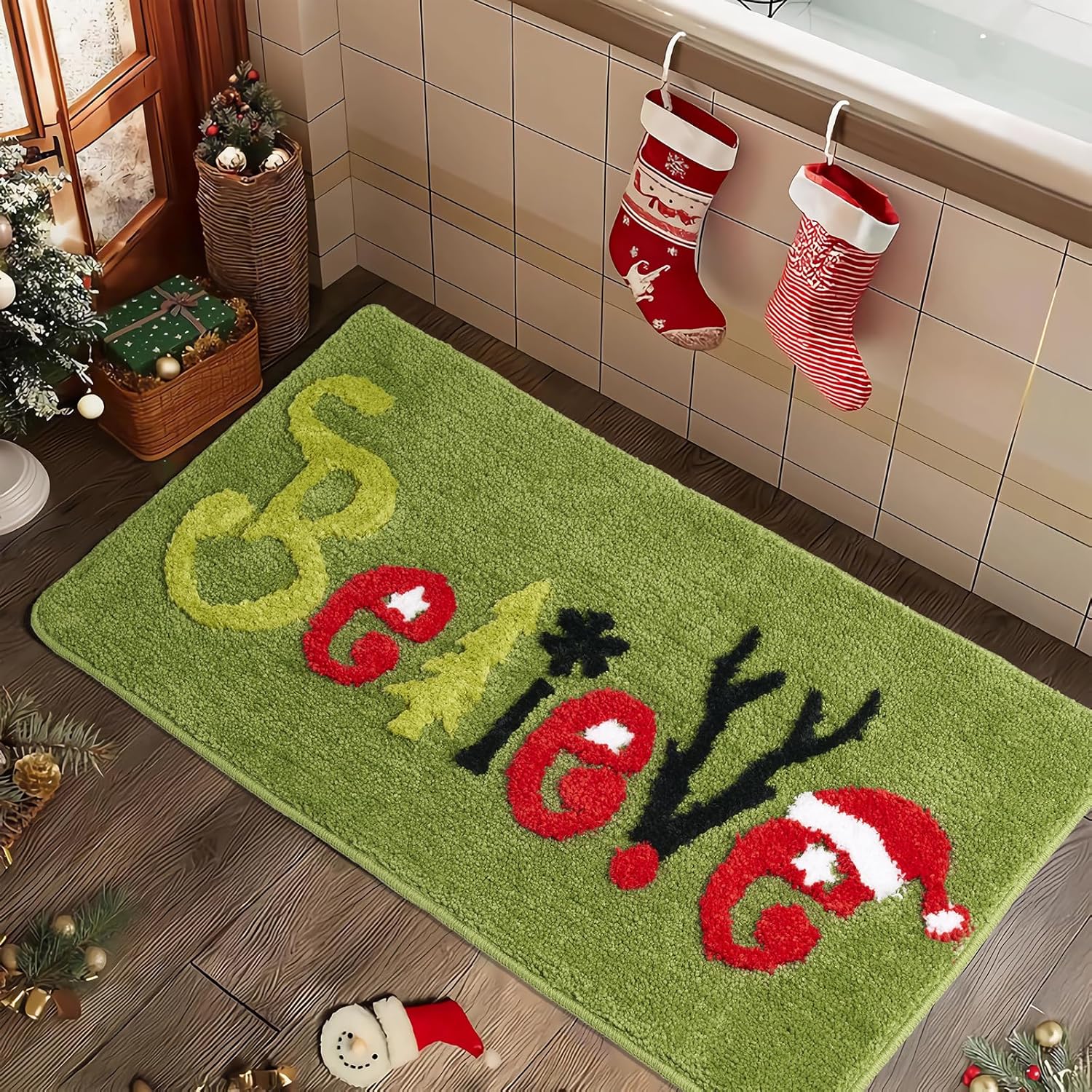 ELDONE Christmas Believe Bathroom Rugs W/Snowflake Reindeer, Cute Non-Slip Rug for Winter Holiday Decorations, Funny Circle Bath Mat for Bedroom Kitchen, 32" x 18