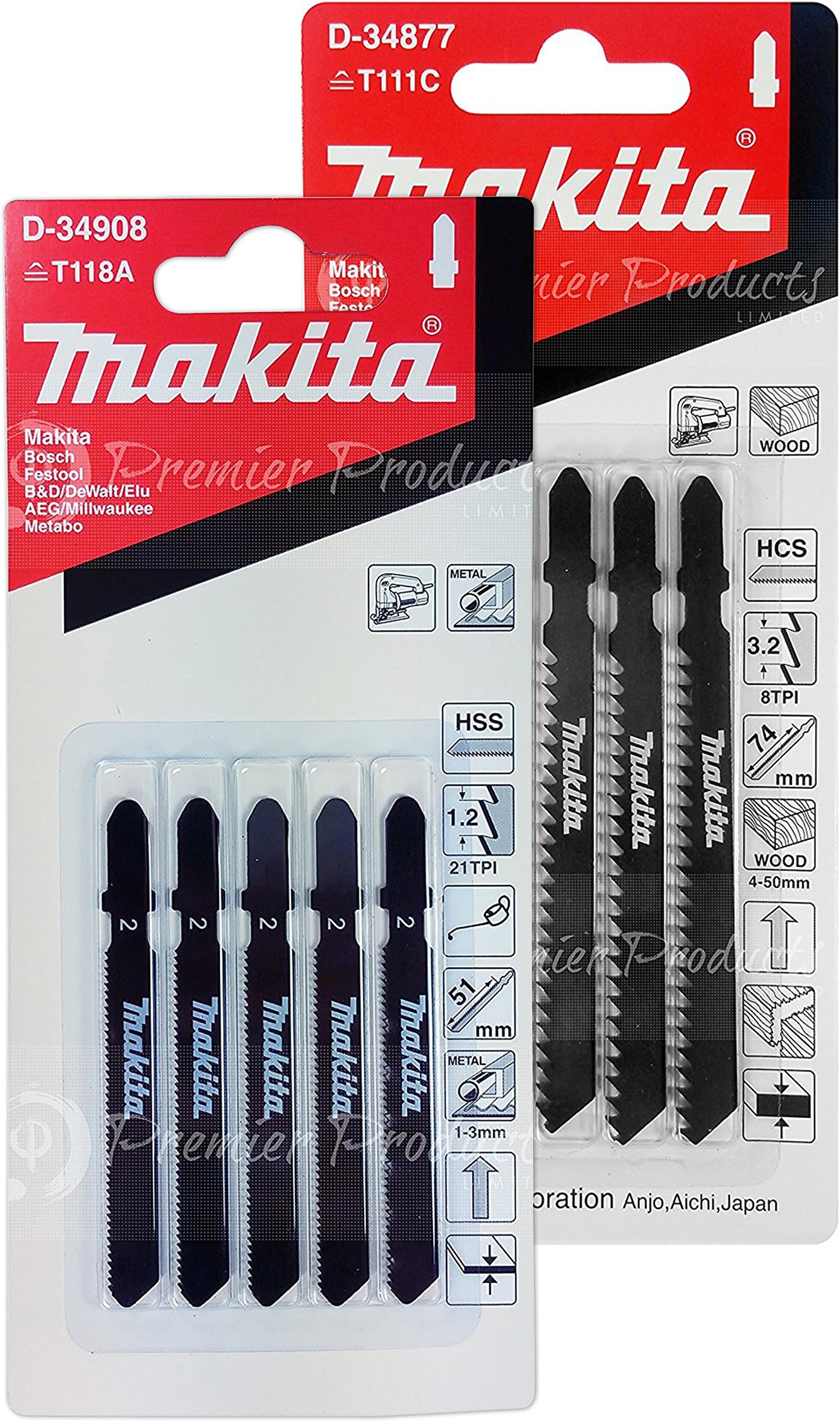 Makita 10 Piece - T Shank Metal & Wood Jigsaw Blade Set For Jig Saws - Fast & Straight Cuts For Metal, Wood & PVC