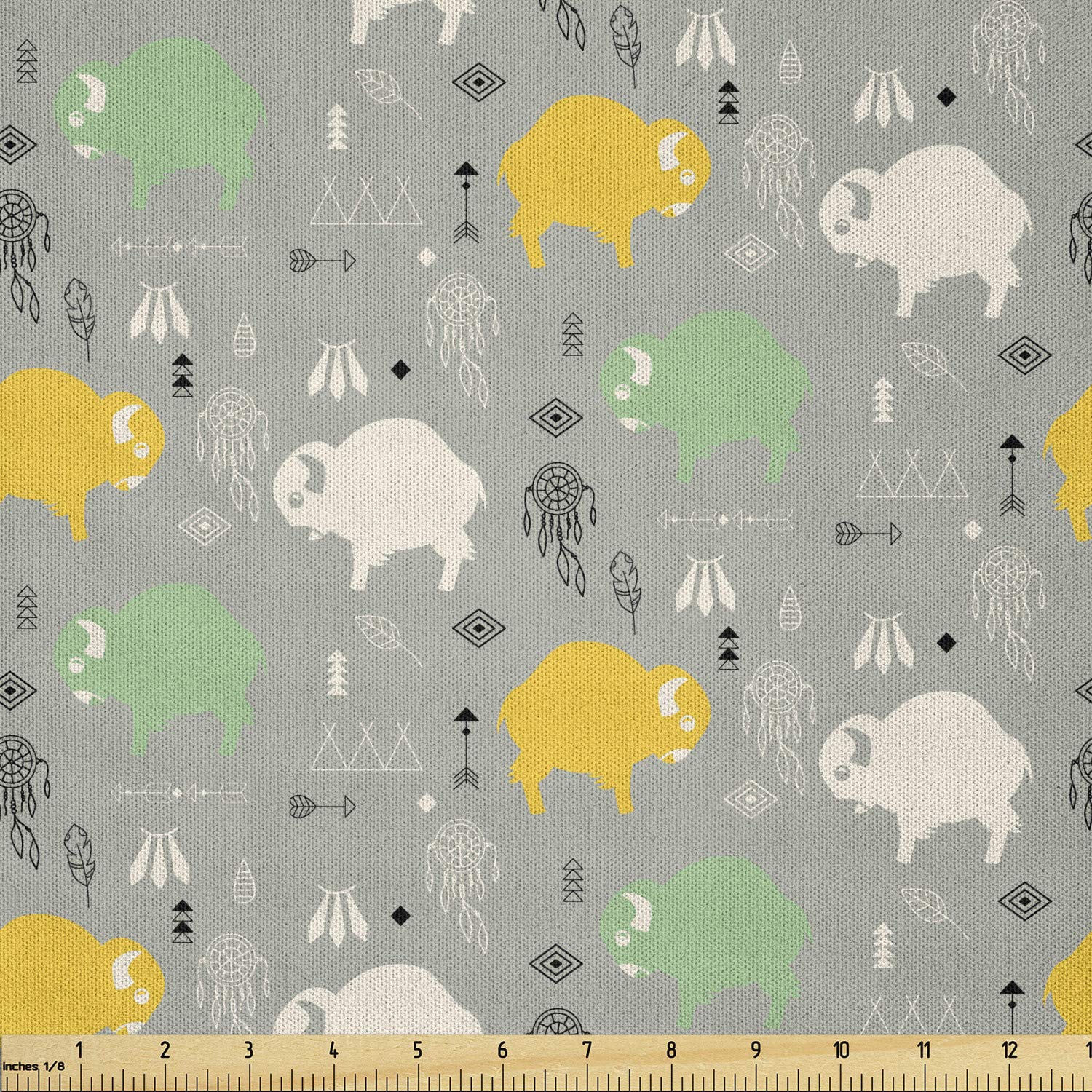 Lunarable Bison Fabric by The Yard, Mammals Doodle Buffaloes Aztec Traditional Pattern, Microfiber Fabric for Arts and Crafts Textiles &amp; Decor, 3 Yards, Sea Green Pale Grey