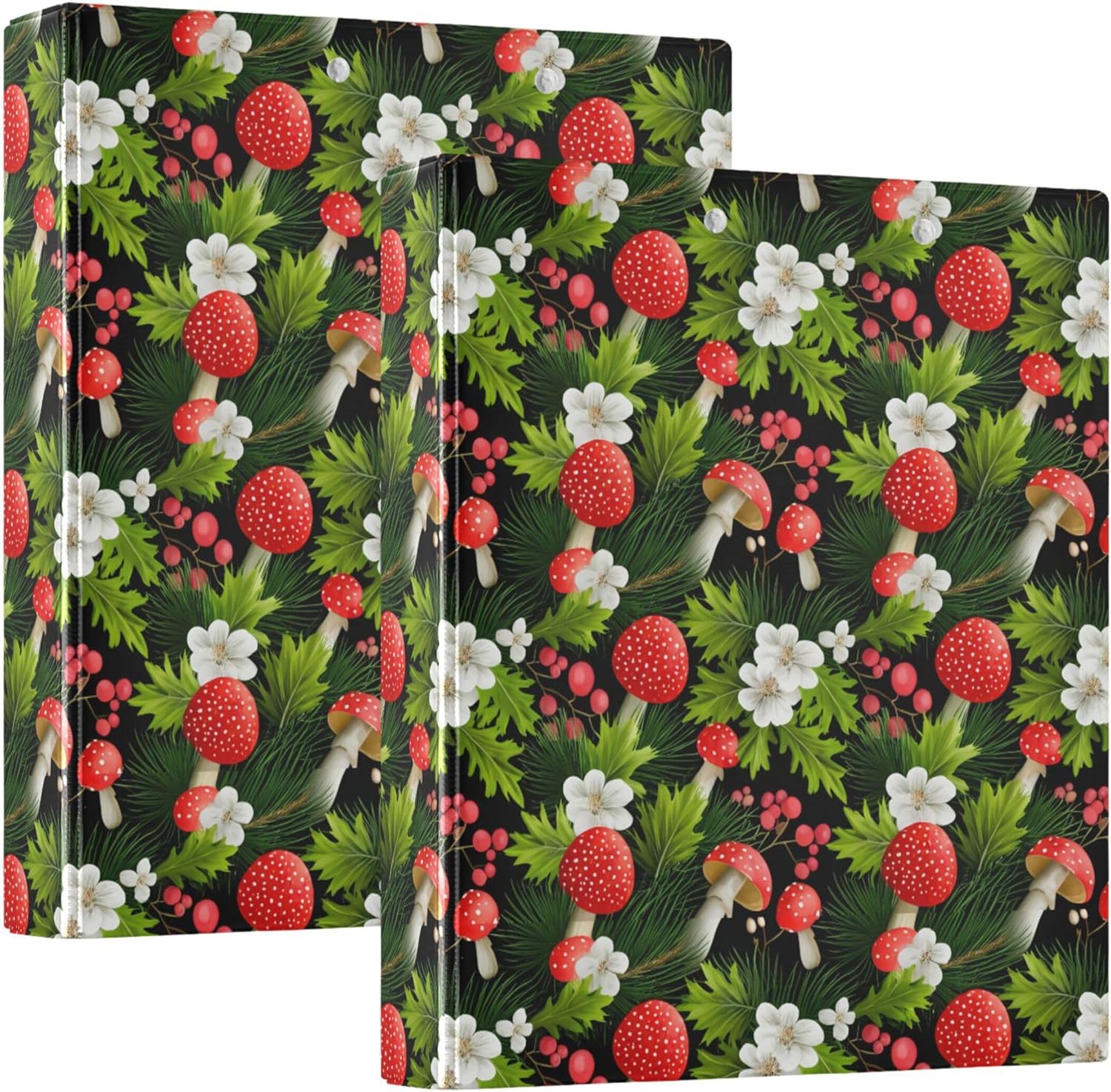 Red Mushrooms and Flowers 3 Ring Binders, 1.5” Round Ring Binders with Clipboard - Letter Size, 3 Interior PVC Clear Pockets & Anti-Slip Clip for Office School Supplies, 2PCS