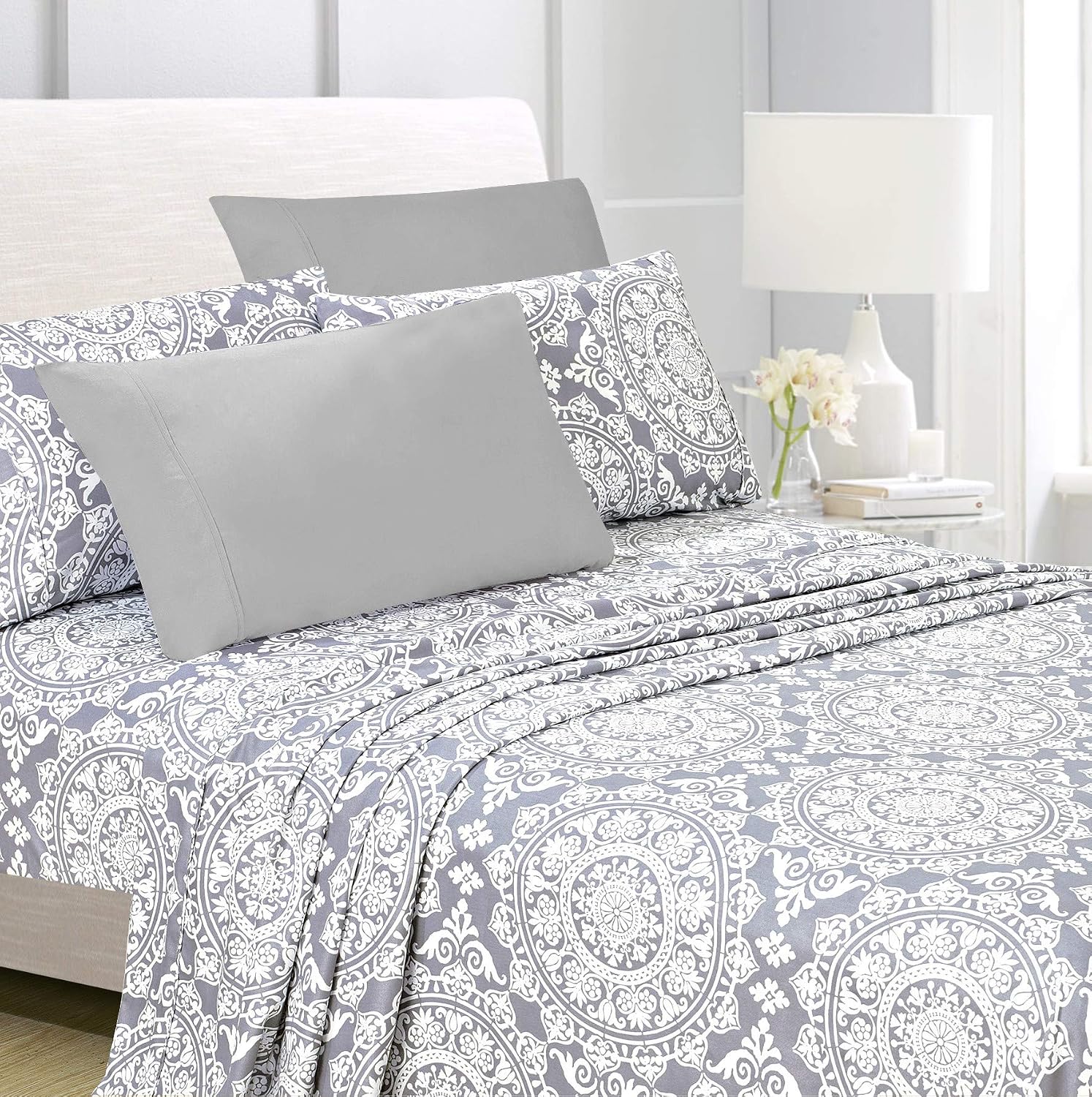American Home Collection 6 Piece Bed Sheet Set Super Soft Brushed Microfiber - 14" Deep Pocket - Wrinkle Resistant - Hypoallergenic (Queen, Grey Geometric)