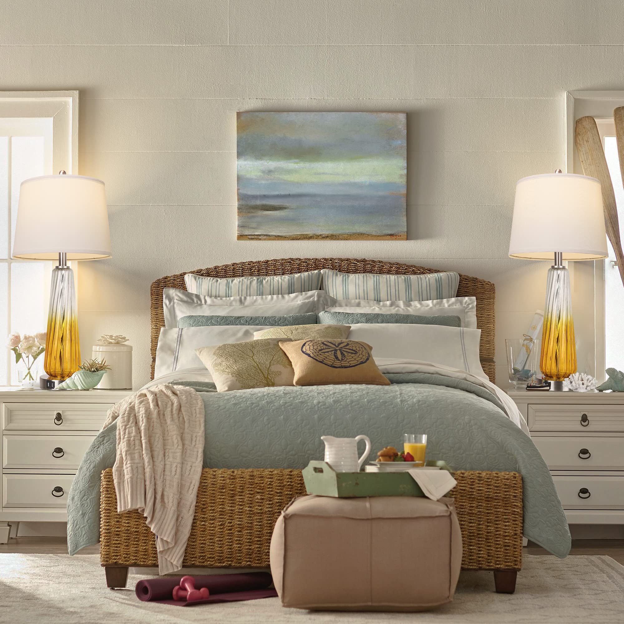 QiMH Lampe De Table Pour Chambre à Coucher Avec Ports USB A C, Lampe De Chevet De Ferme Avec Veilleuse, Contrôle Tactile à 3 Voies, Lampe De Chevet