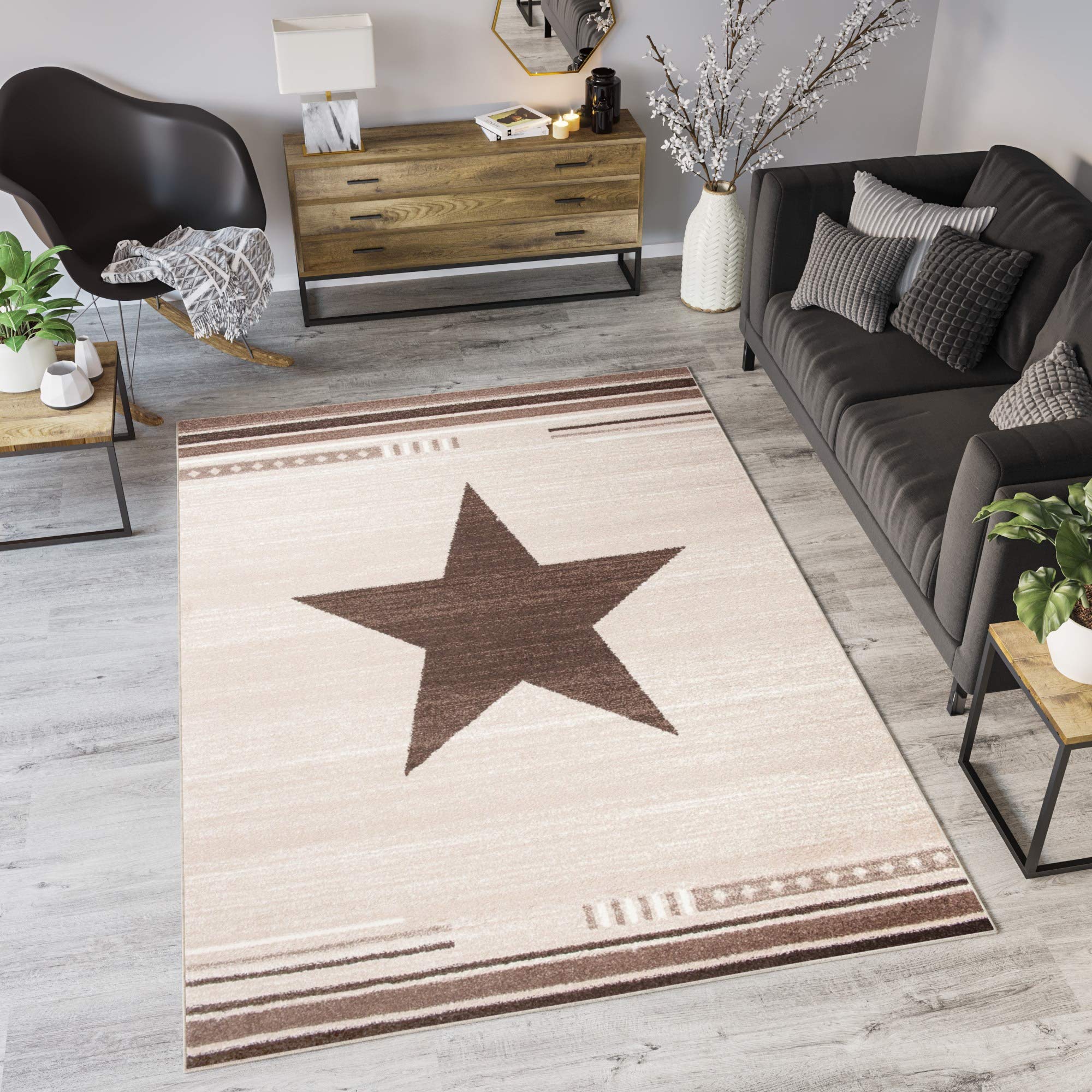 Tapiso Maroko Vloerkleed Woonkamer Slaapkamer Modern Beige Geometrisch Ster Tiener Interieur Woonsfeer Design Duurzaam Hoogwaardig Tapijt Maat - 140 x 190 cm