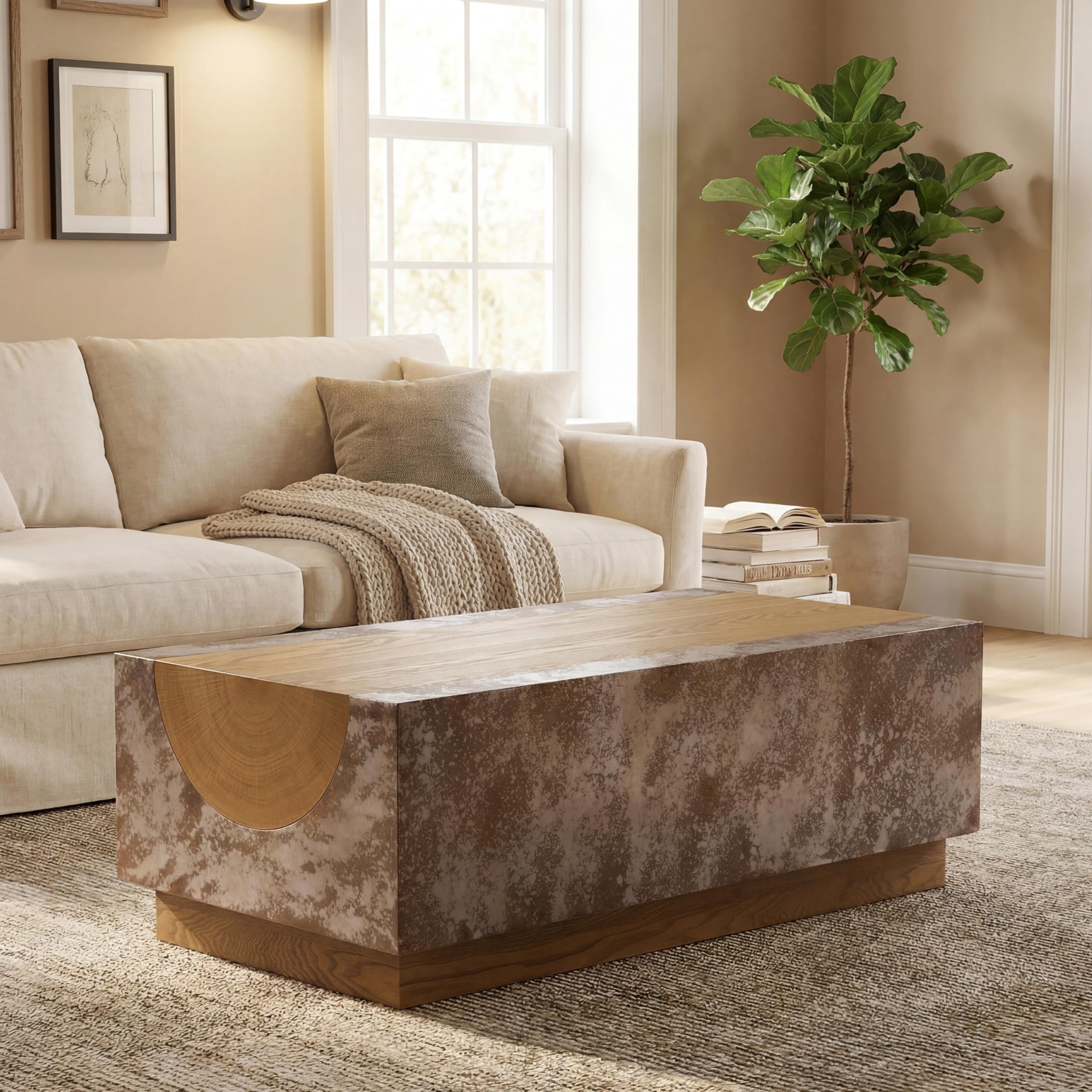 Photo 1 of Christopher Knight Home Nellie Rectangular Coffee Table, MDF Wood Coffee Table with Pedestal Base, Rustic Center Table with Rust-Effect Finish for Living Room Furniture, Rust+Natural