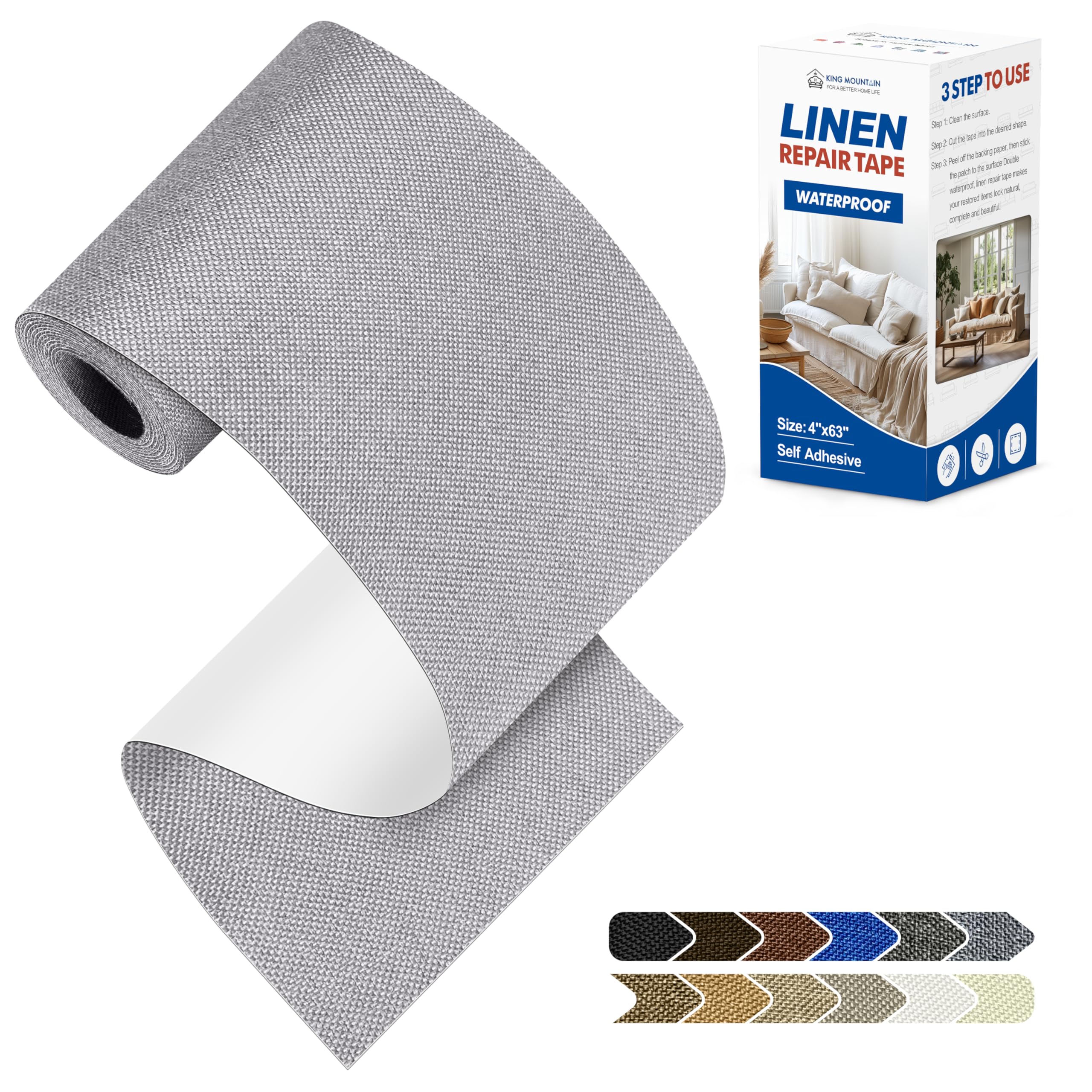 KING MOUNTAIN Linen Repair Patches, Self-Adhesive Fabric Patches, 4 X 63 inch Extra Size, Multi Color, Can be Used for Sofa Repair (Light Grey 3.0)