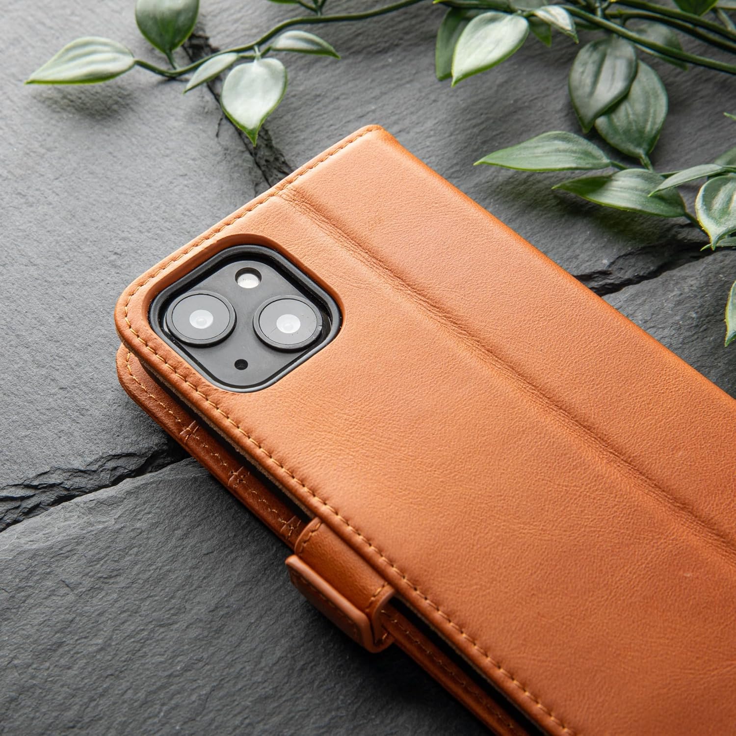 Snakehive Genuine Leather Wallet Case for iPhone 13 – Flip Cover with Card Slots & Stand (Smooth Tan)