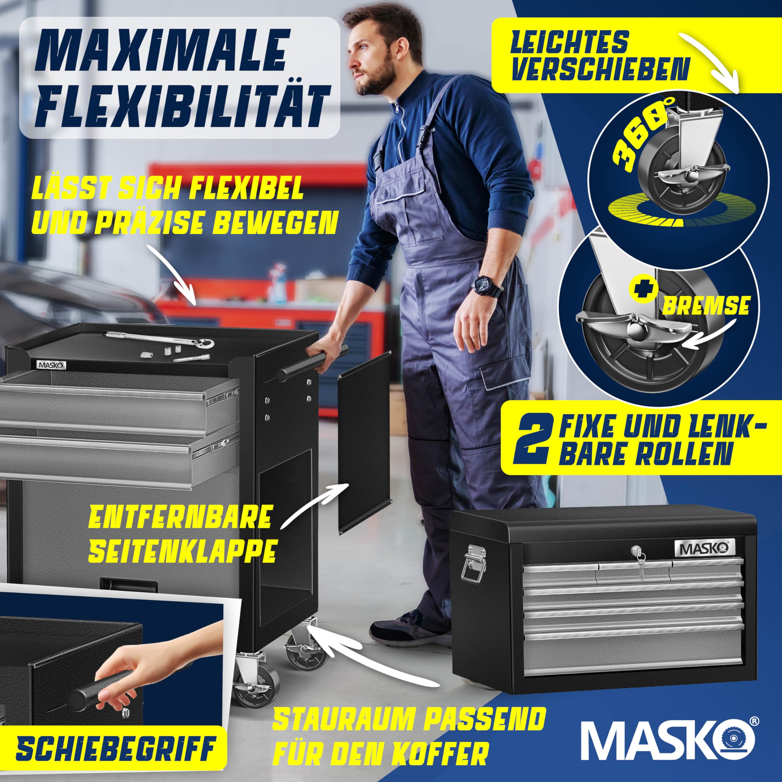 MASKO® Werkstattwagen inkl. Koffer - 9 Fächer Abschließbar | Massives Metall | Mobiler Werkzeug-Wagen ohne Werkzeug | Profi| Rollwagen zur Werkzeugaufbewahrung mit Schloss | Schwarz/Grau