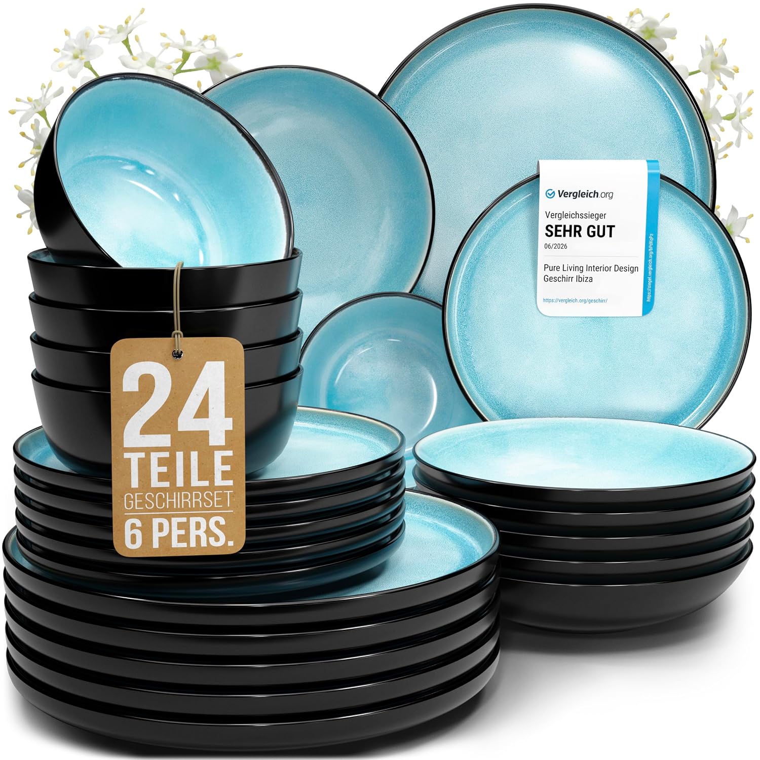 Steingut Geschirrset 6 Personen Ibiza 24-tlg. – Mediterranes Geschirr Set, Spülmaschinen-, Mikrowellen- und Kratzfest – Schüssel- und Teller Set – Essgeschirr Pure Living…