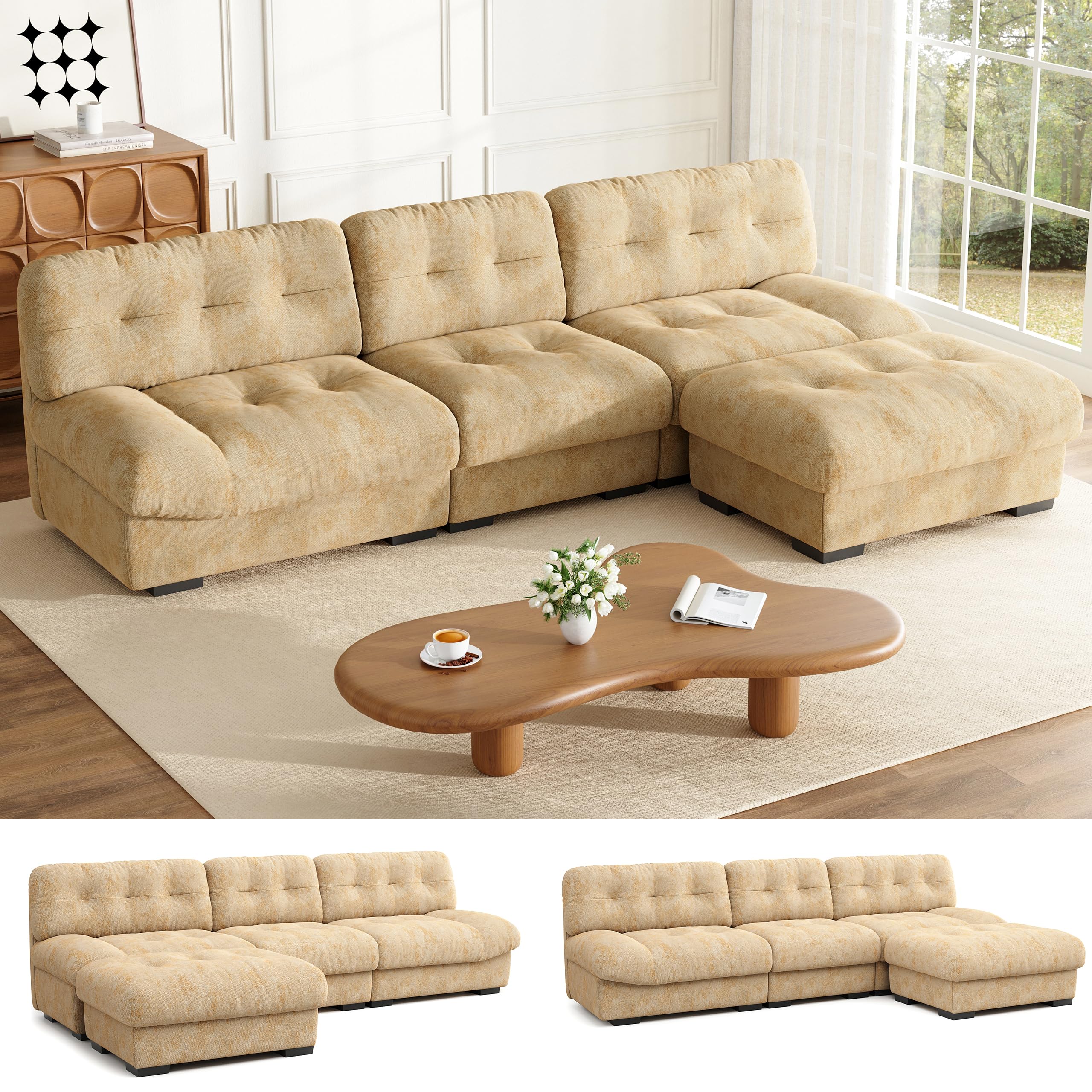 Howjoe 107" Modular Sectional Sofa, Comfy Oversized Sectional Couches for Living Room, Deep Seat Modular Cloud Couch with Ottoman, 4 Seat Convertible L Shaped Couch, Relax Fluffy Khaki